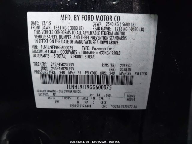 Photo 8 VIN: 1LNHL9FT9GG600075 - LINCOLN MKS 