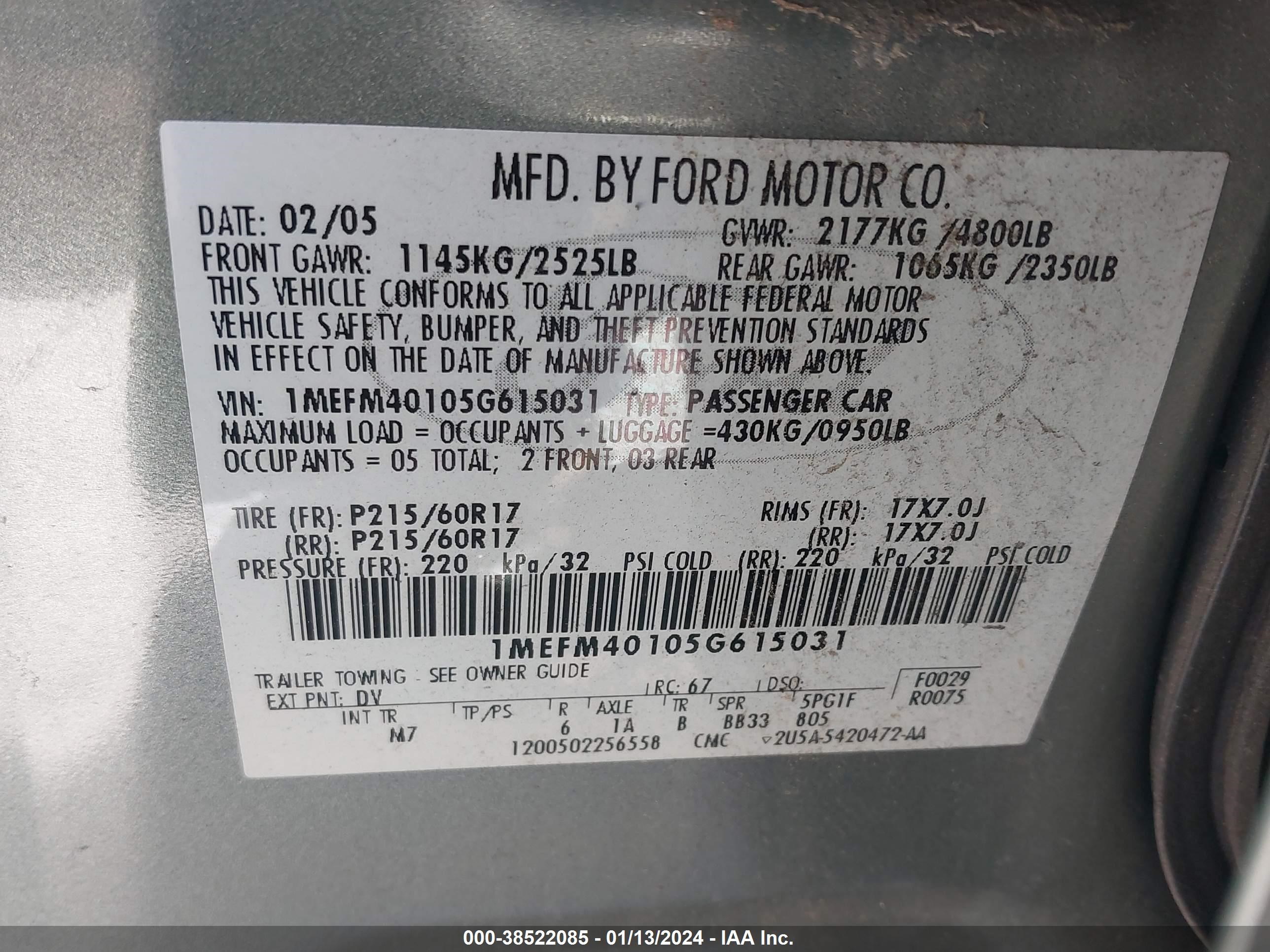 Photo 8 VIN: 1MEFM40105G615031 - MERCURY MONTEGO 