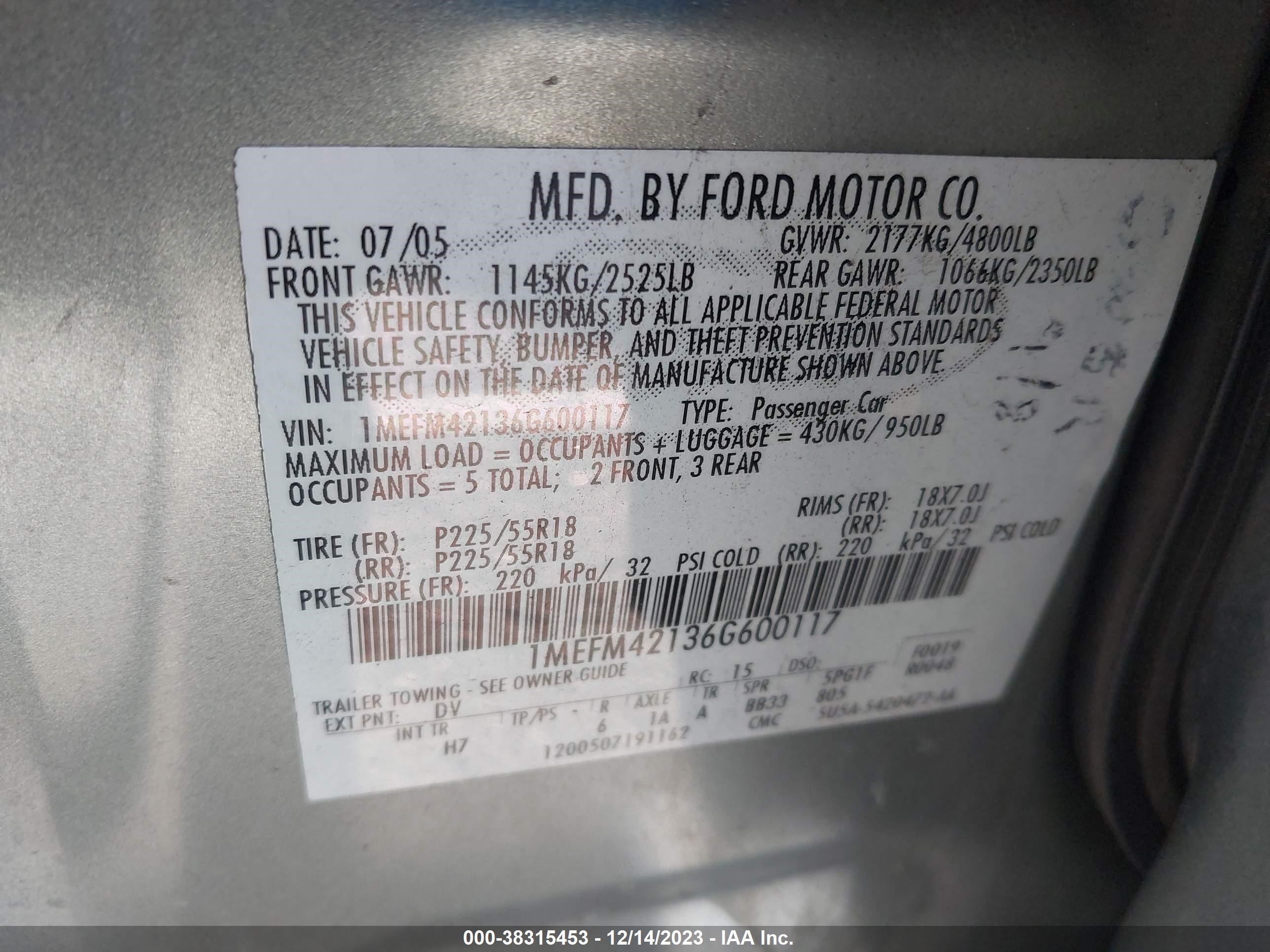 Photo 8 VIN: 1MEFM42136G600117 - MERCURY MONTEGO 