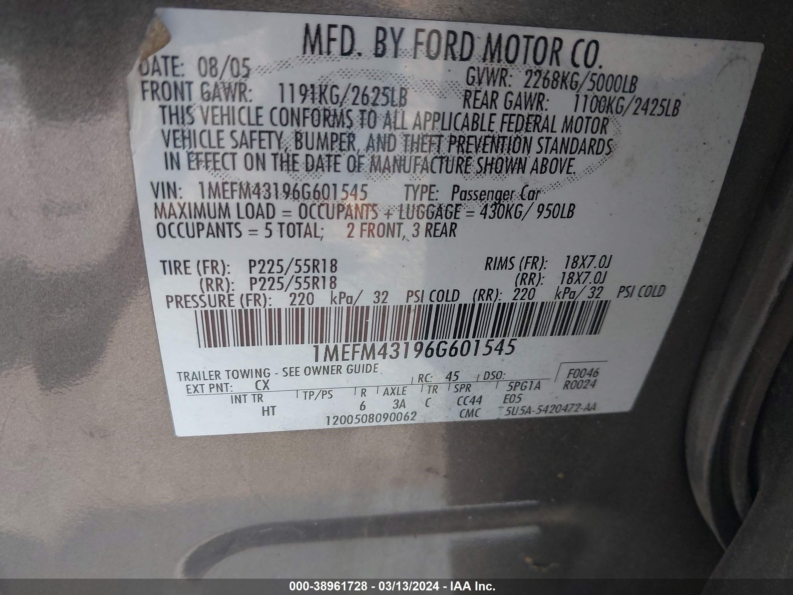 Photo 8 VIN: 1MEFM43196G601545 - MERCURY MONTEGO 