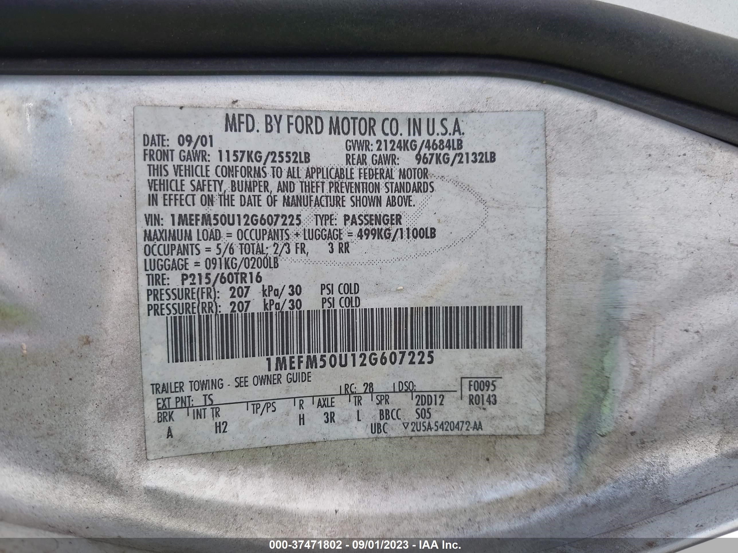 Photo 8 VIN: 1MEFM50U12G607225 - MERCURY SABLE 