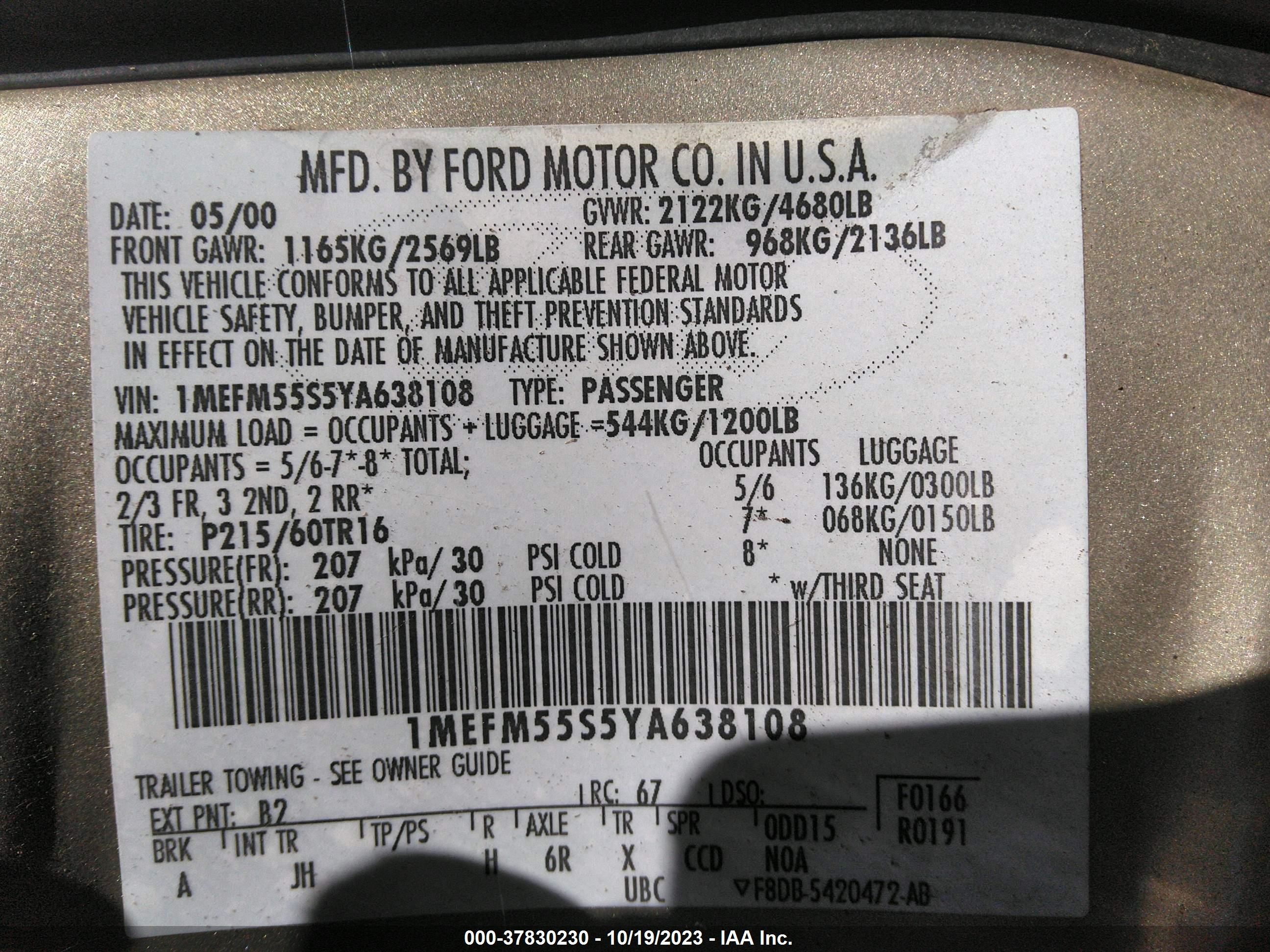 Photo 8 VIN: 1MEFM55S5YA638108 - MERCURY SABLE 