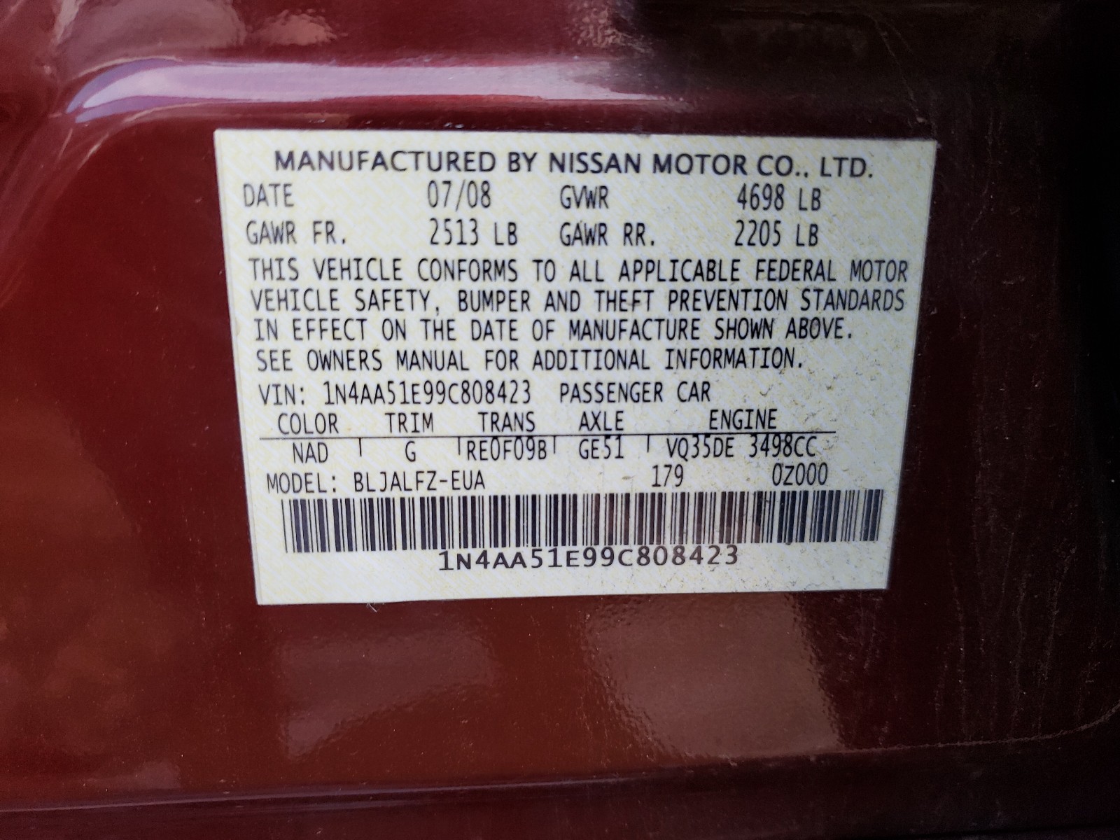 Photo 9 VIN: 1N4AA51E99C808423 - NISSAN MAXIMA S 