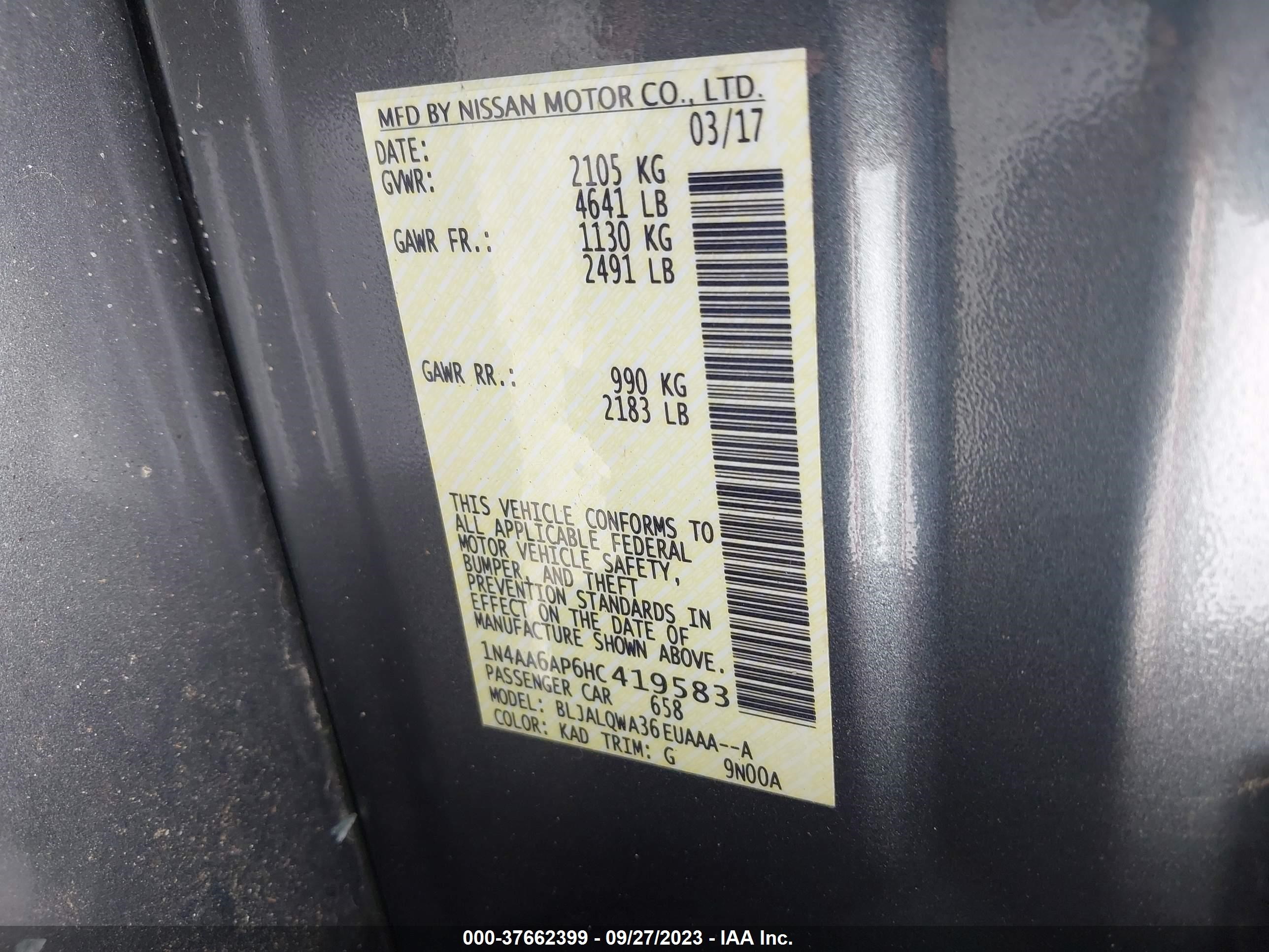 Photo 8 VIN: 1N4AA6AP6HC419583 - NISSAN MAXIMA 