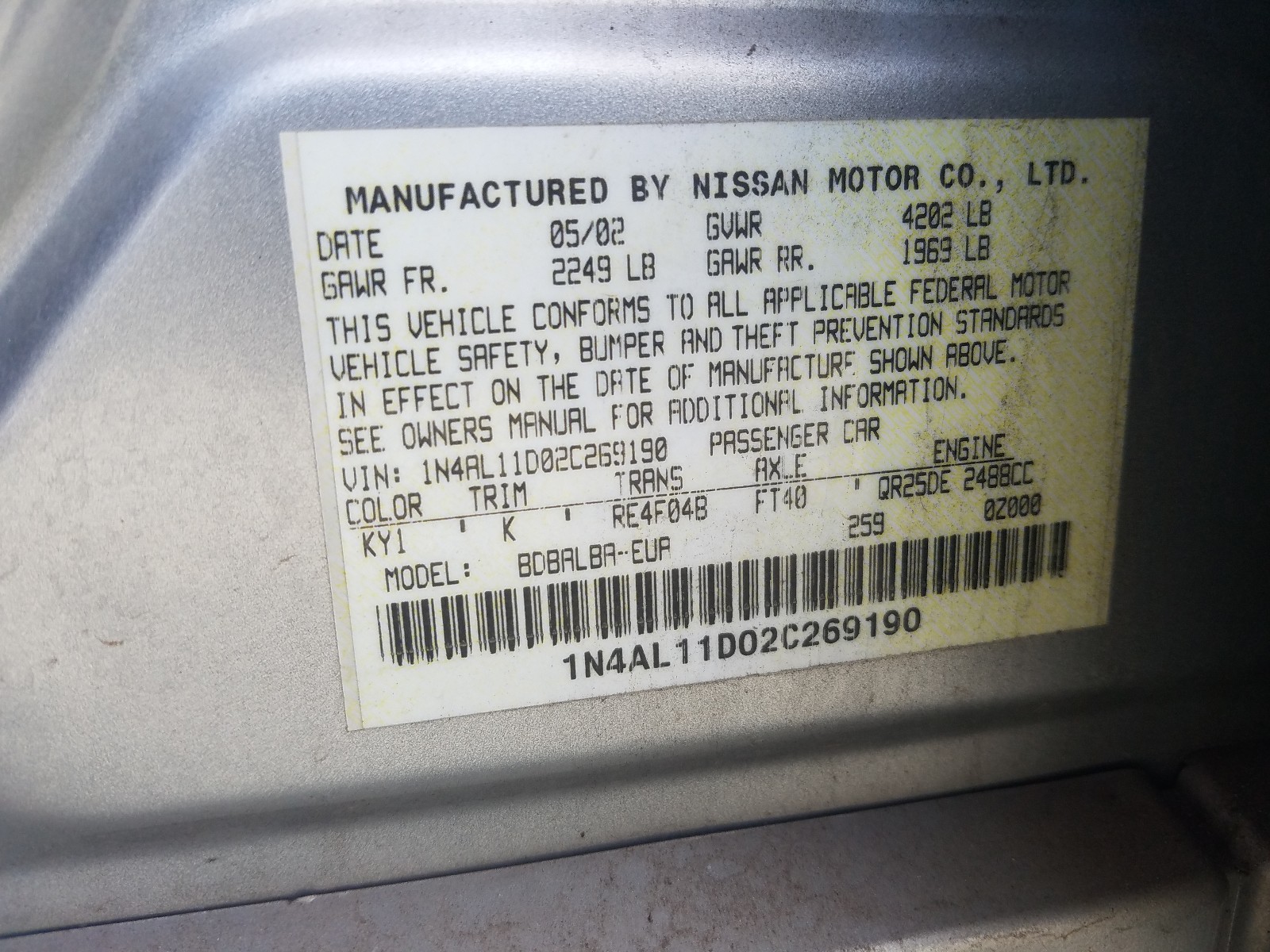 Photo 9 VIN: 1N4AL11D02C269190 - NISSAN ALTIMA BAS 