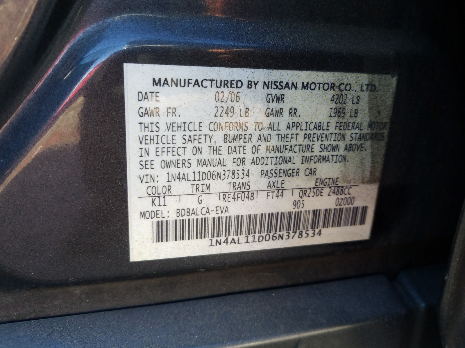 Photo 9 VIN: 1N4AL11D06N378534 - NISSAN ALTIMA S 