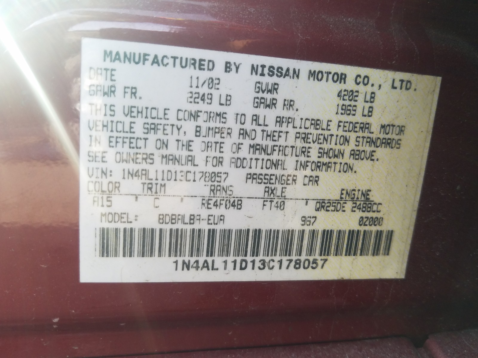 Photo 9 VIN: 1N4AL11D13C178057 - NISSAN ALTIMA BAS 