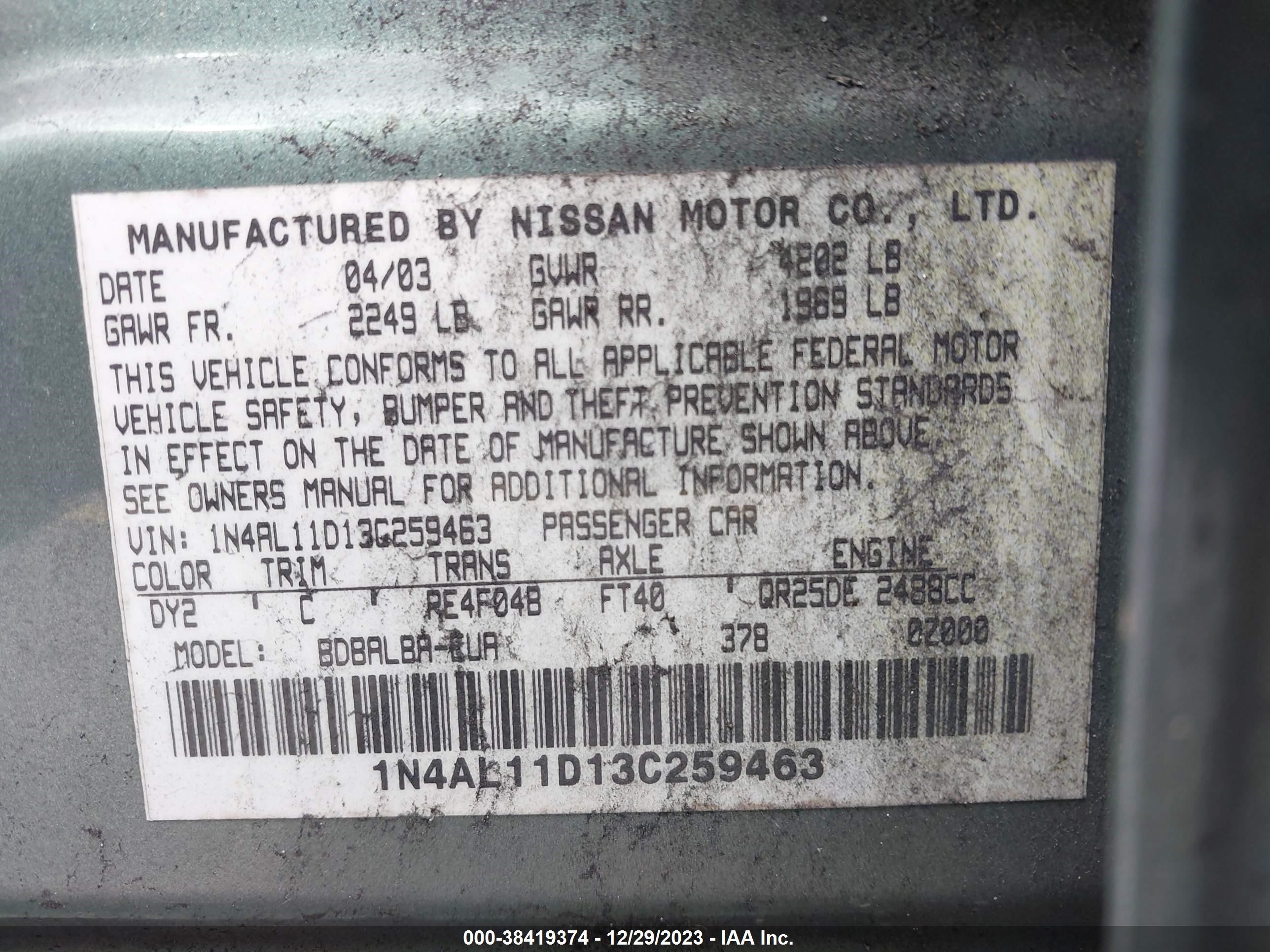 Photo 8 VIN: 1N4AL11D13C259463 - NISSAN ALTIMA 