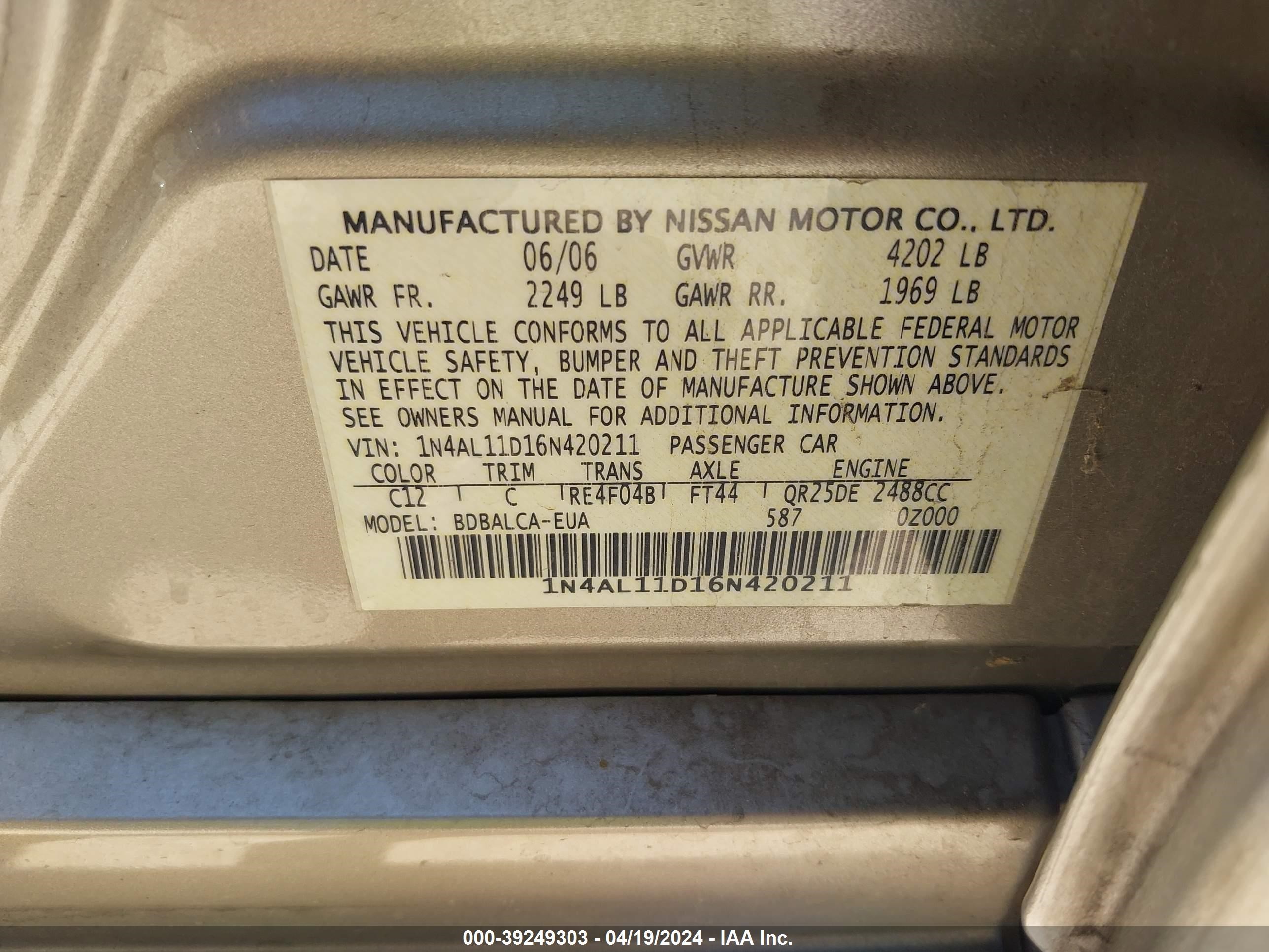 Photo 8 VIN: 1N4AL11D16N420211 - NISSAN ALTIMA 