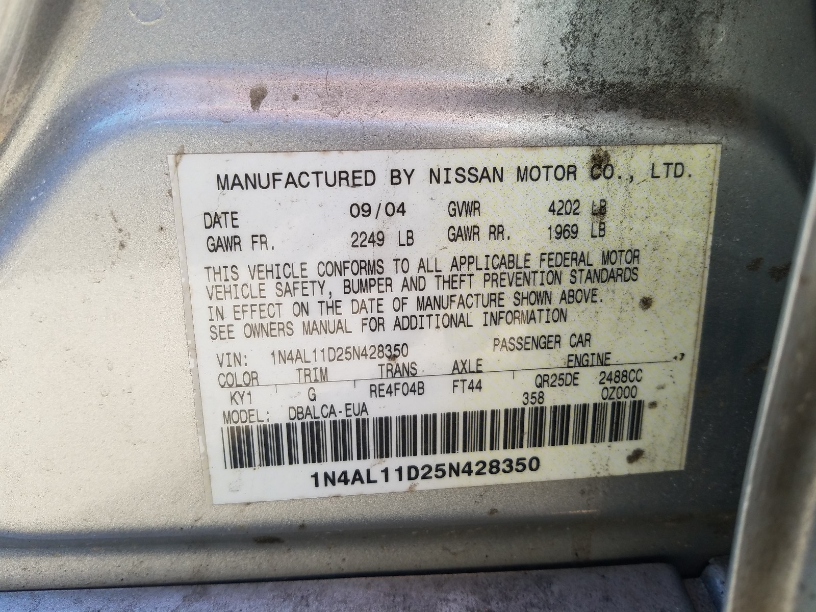 Photo 9 VIN: 1N4AL11D25N428350 - NISSAN ALTIMA S 