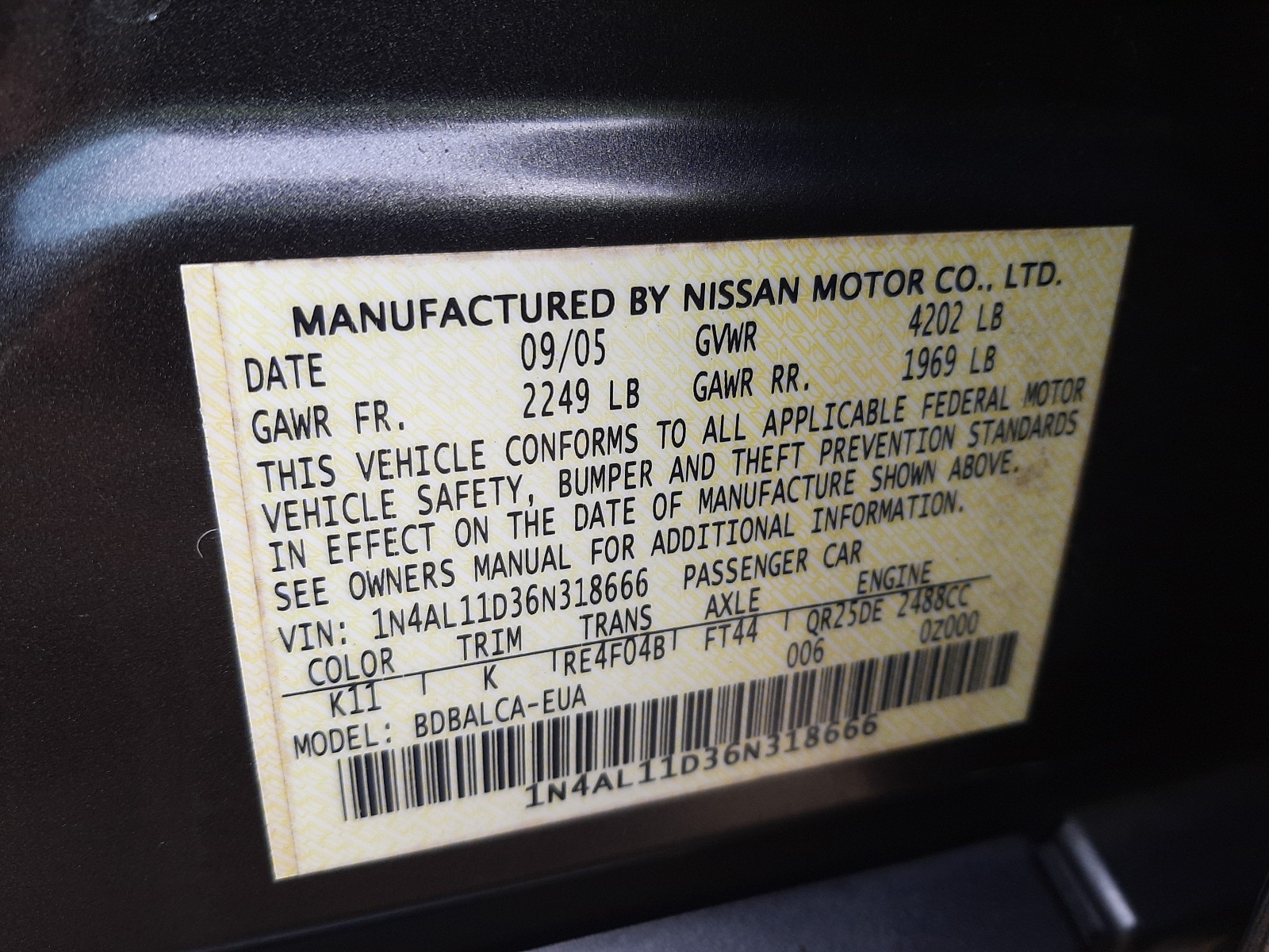 Photo 9 VIN: 1N4AL11D36N318666 - NISSAN ALTIMA S 