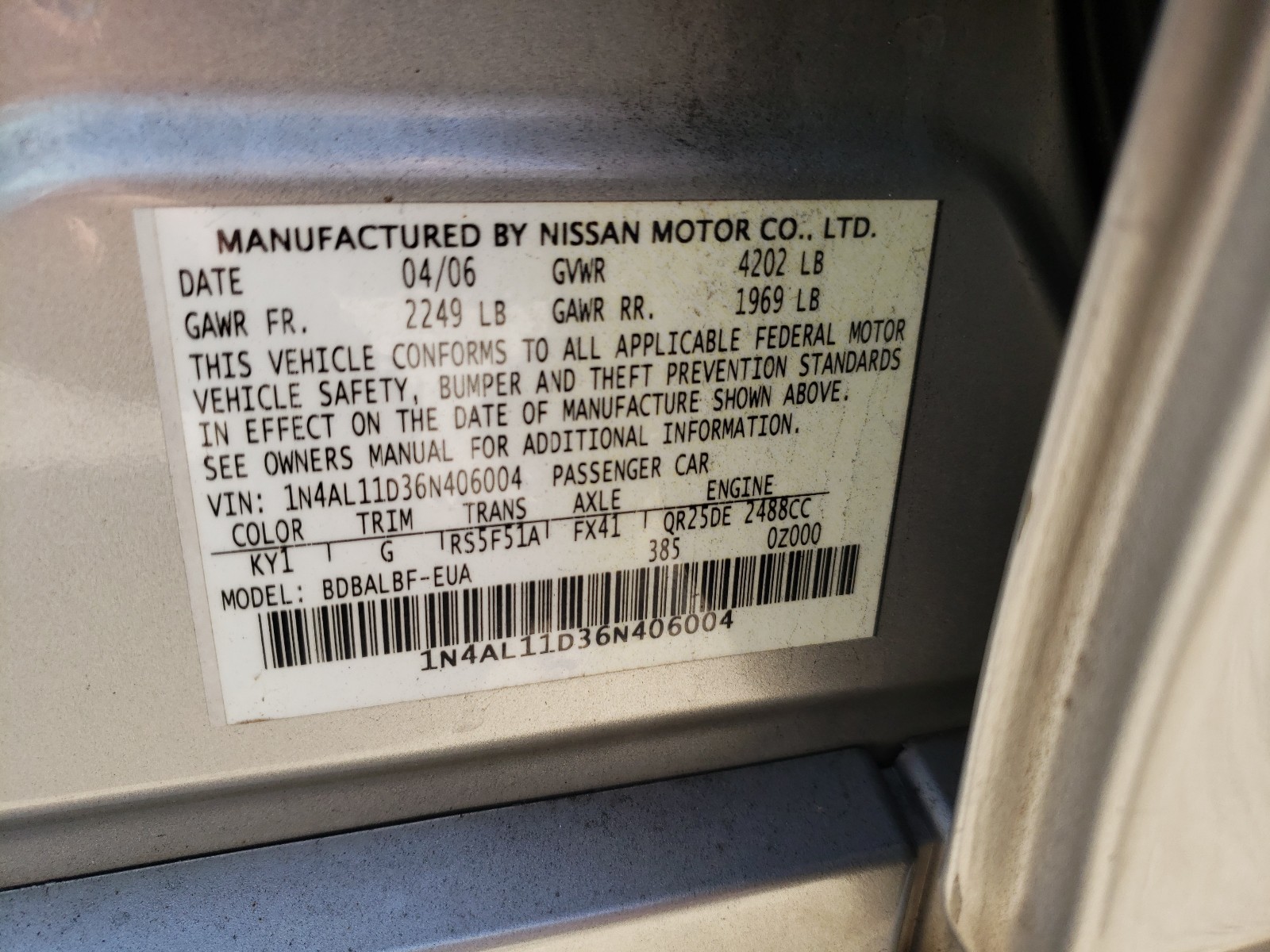 Photo 9 VIN: 1N4AL11D36N406004 - NISSAN ALTIMA S 