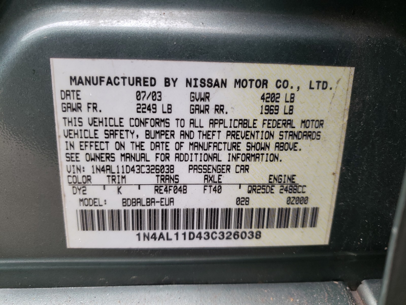 Photo 9 VIN: 1N4AL11D43C326038 - NISSAN ALTIMA BAS 