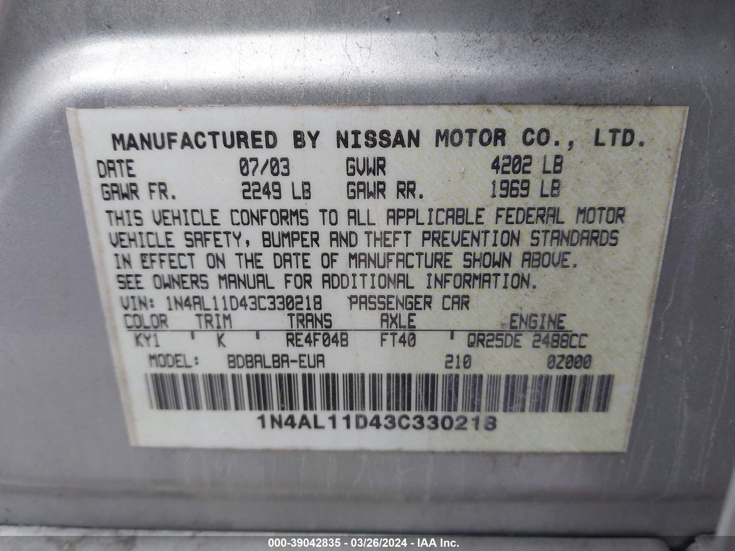 Photo 8 VIN: 1N4AL11D43C330218 - NISSAN ALTIMA 