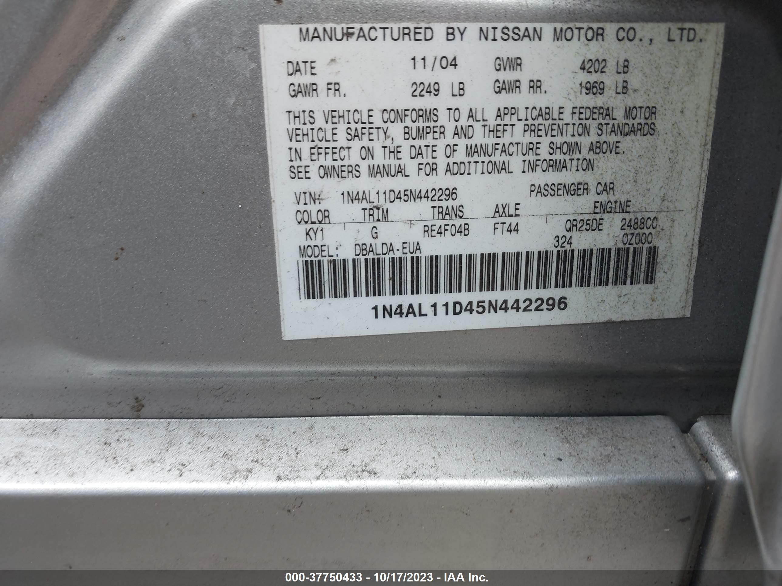 Photo 9 VIN: 1N4AL11D45N442296 - NISSAN ALTIMA 