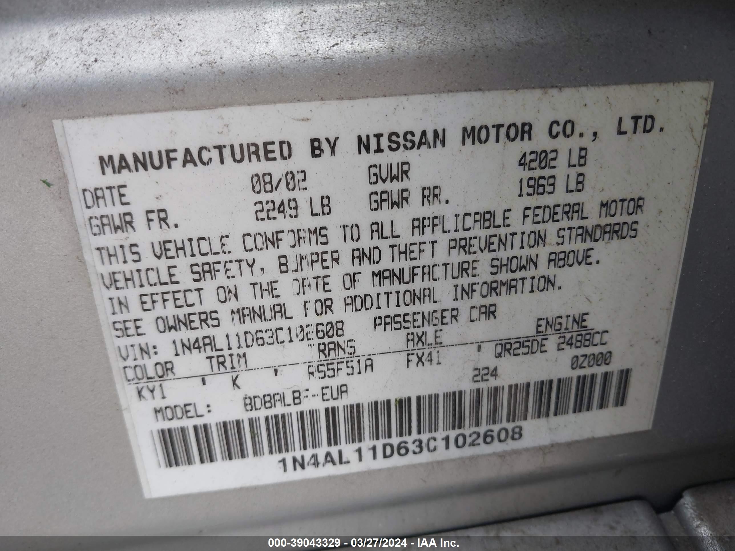 Photo 8 VIN: 1N4AL11D63C102608 - NISSAN ALTIMA 