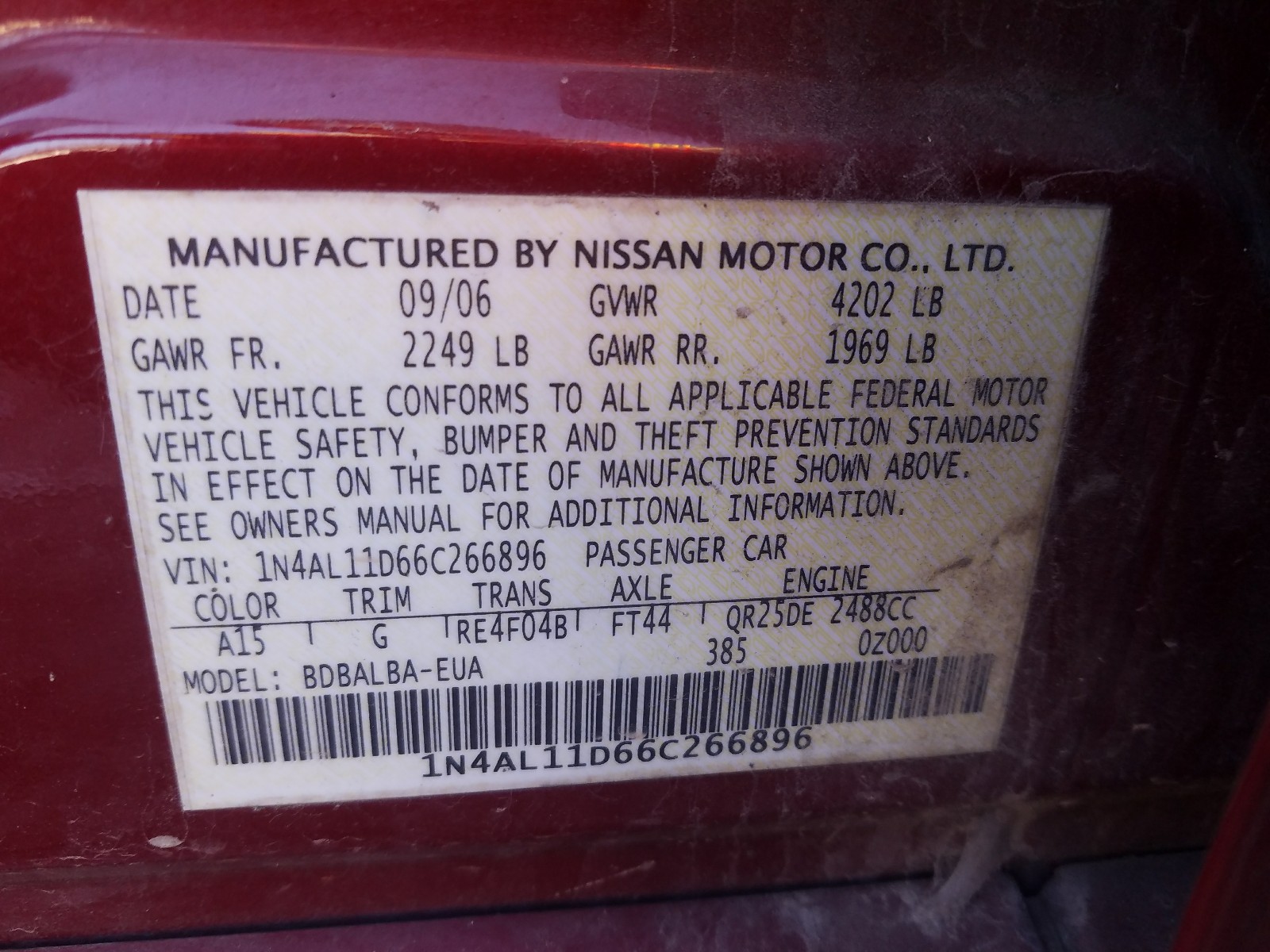 Photo 9 VIN: 1N4AL11D66C266896 - NISSAN ALTIMA S 