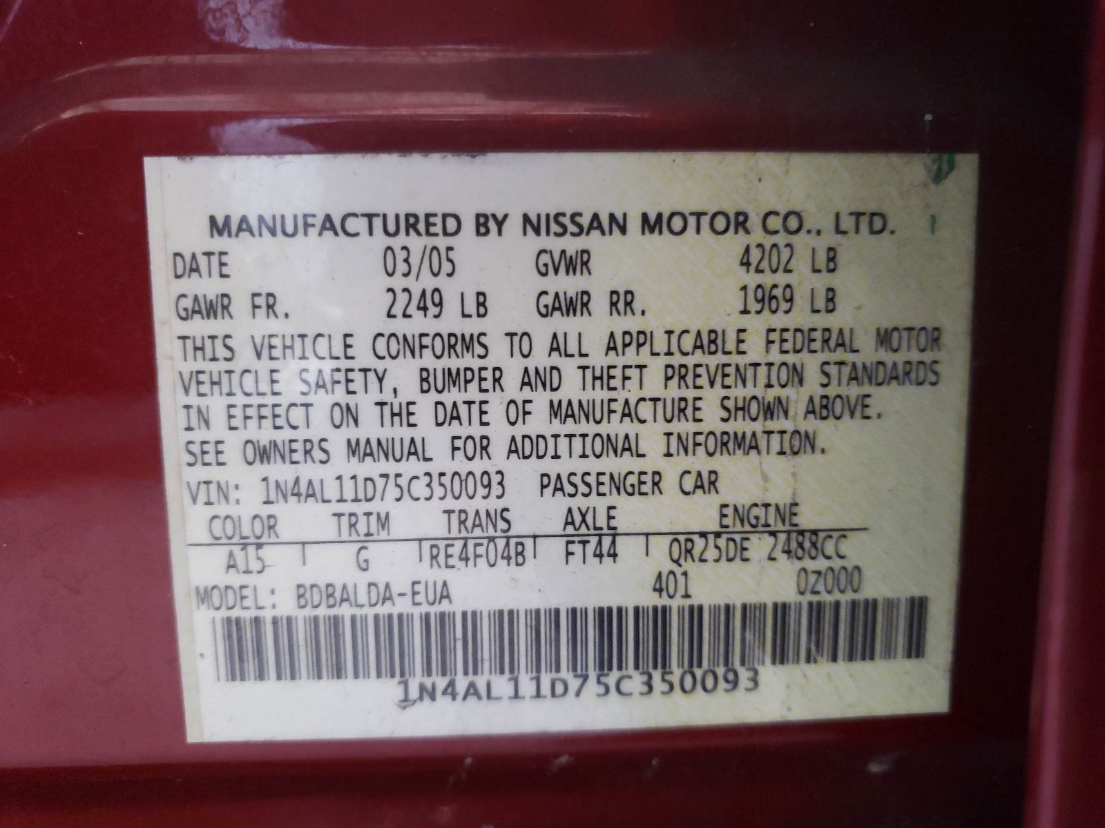 Photo 9 VIN: 1N4AL11D75C350093 - NISSAN ALTIMA S 