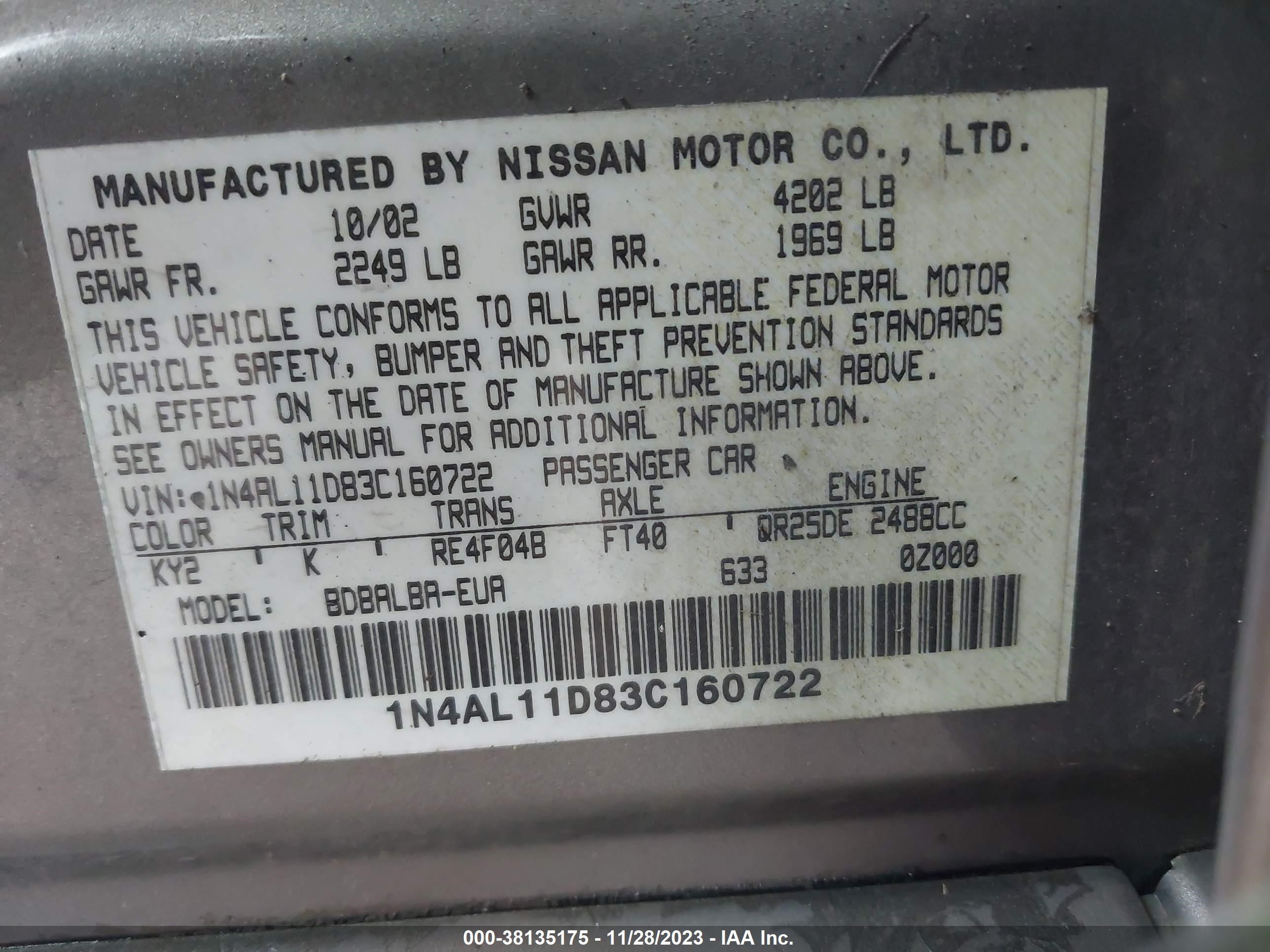 Photo 8 VIN: 1N4AL11D83C160722 - NISSAN ALTIMA 