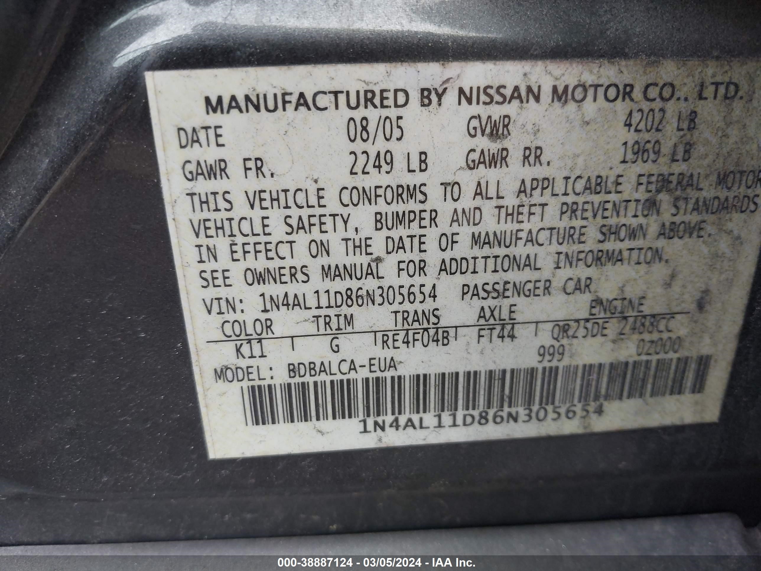 Photo 8 VIN: 1N4AL11D86N305654 - NISSAN ALTIMA 