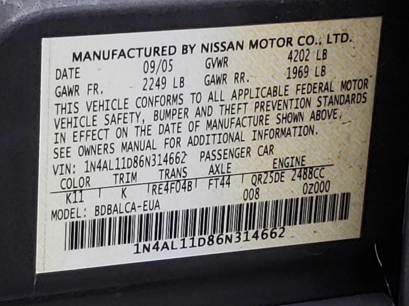 Photo 9 VIN: 1N4AL11D86N314662 - NISSAN ALTIMA S 