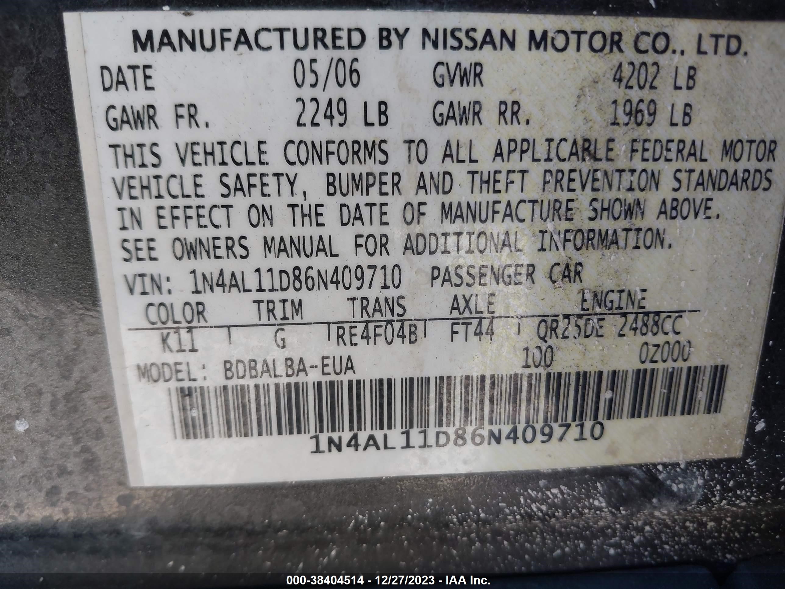 Photo 8 VIN: 1N4AL11D86N409710 - NISSAN ALTIMA 