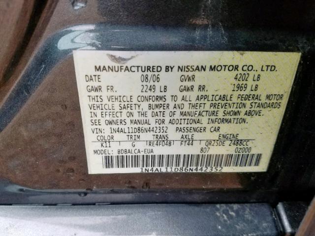 Photo 9 VIN: 1N4AL11D86N442352 - NISSAN ALTIMA S 