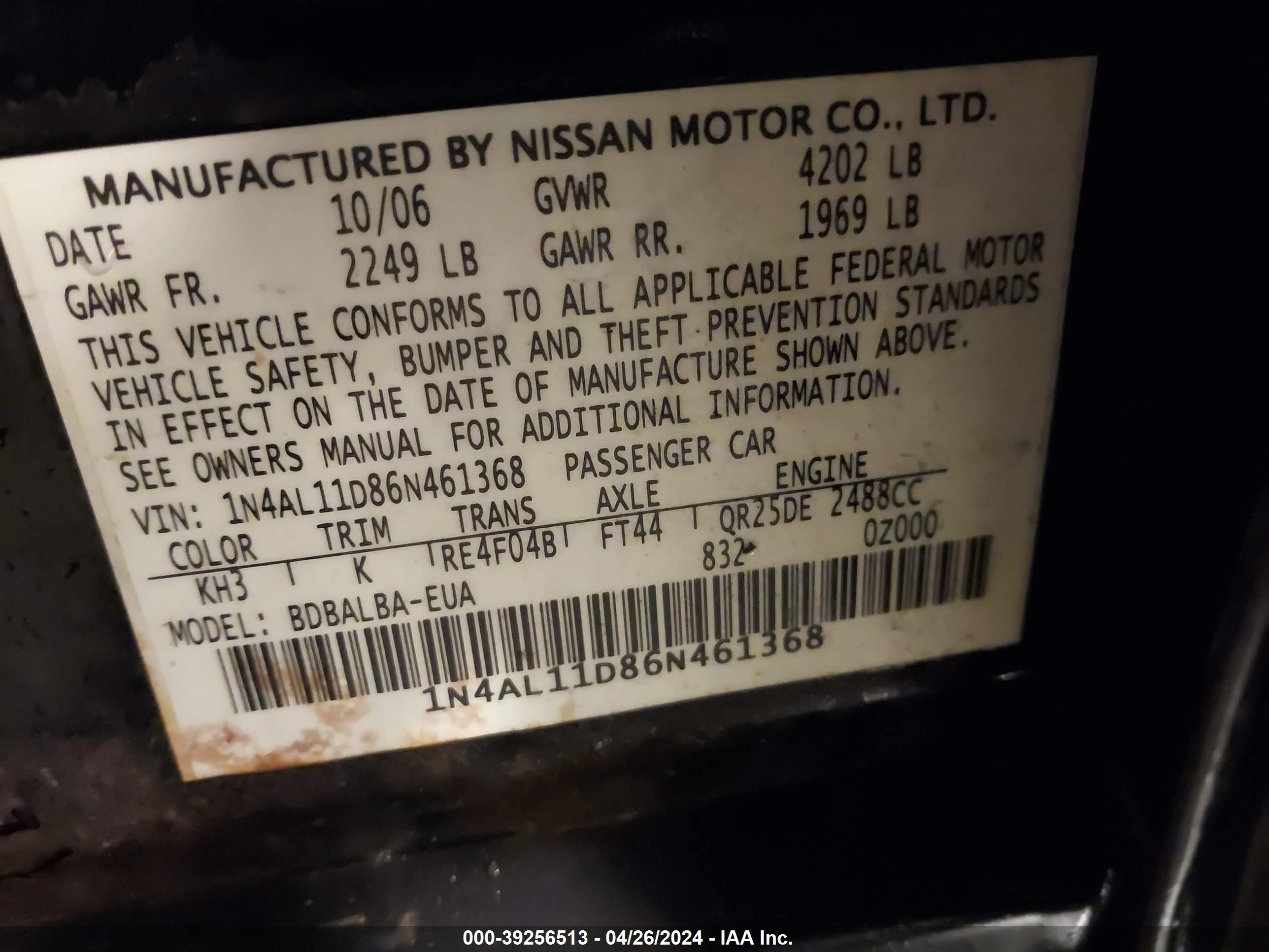 Photo 8 VIN: 1N4AL11D86N461368 - NISSAN ALTIMA 