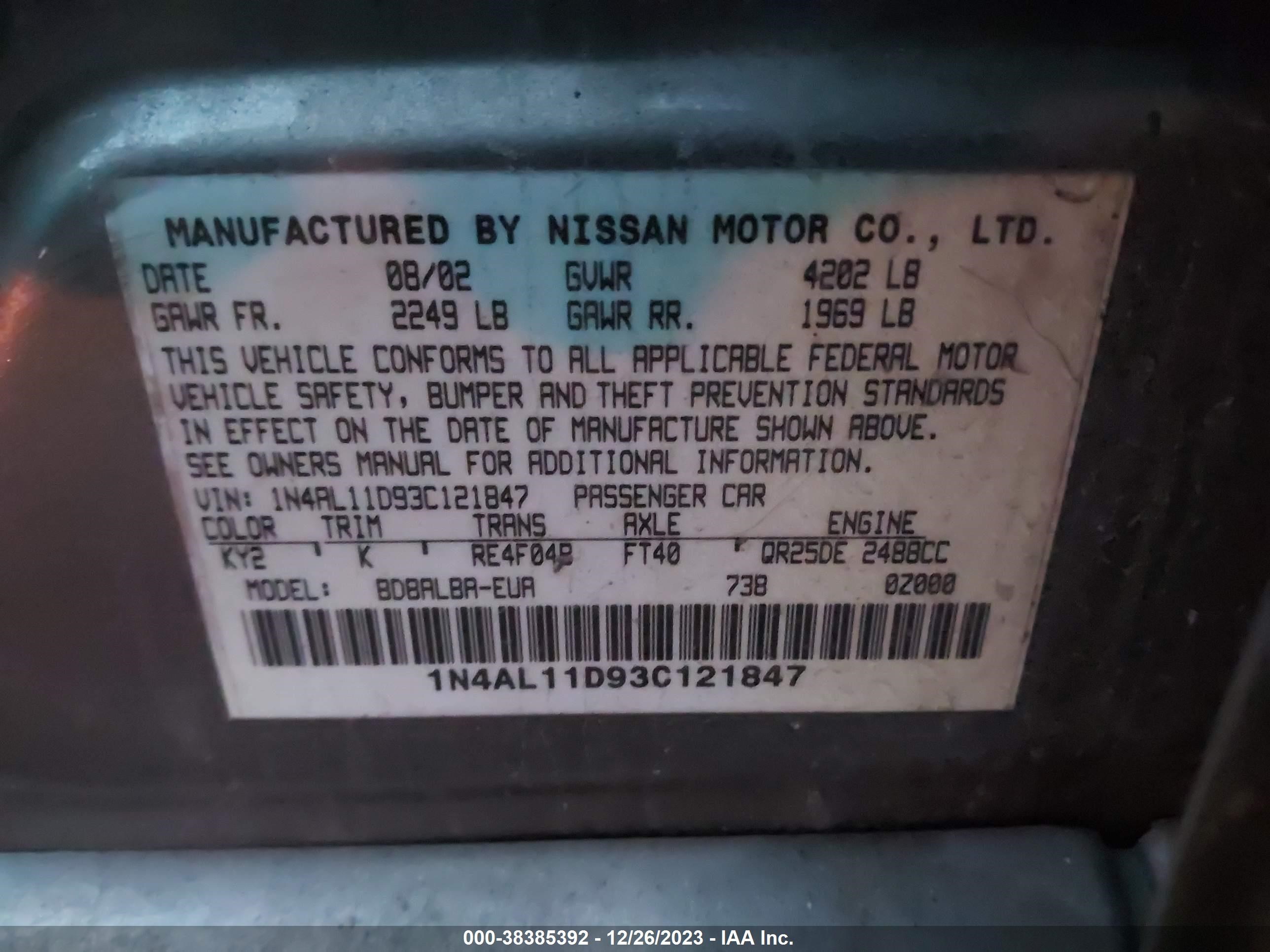 Photo 8 VIN: 1N4AL11D93C121847 - NISSAN ALTIMA 