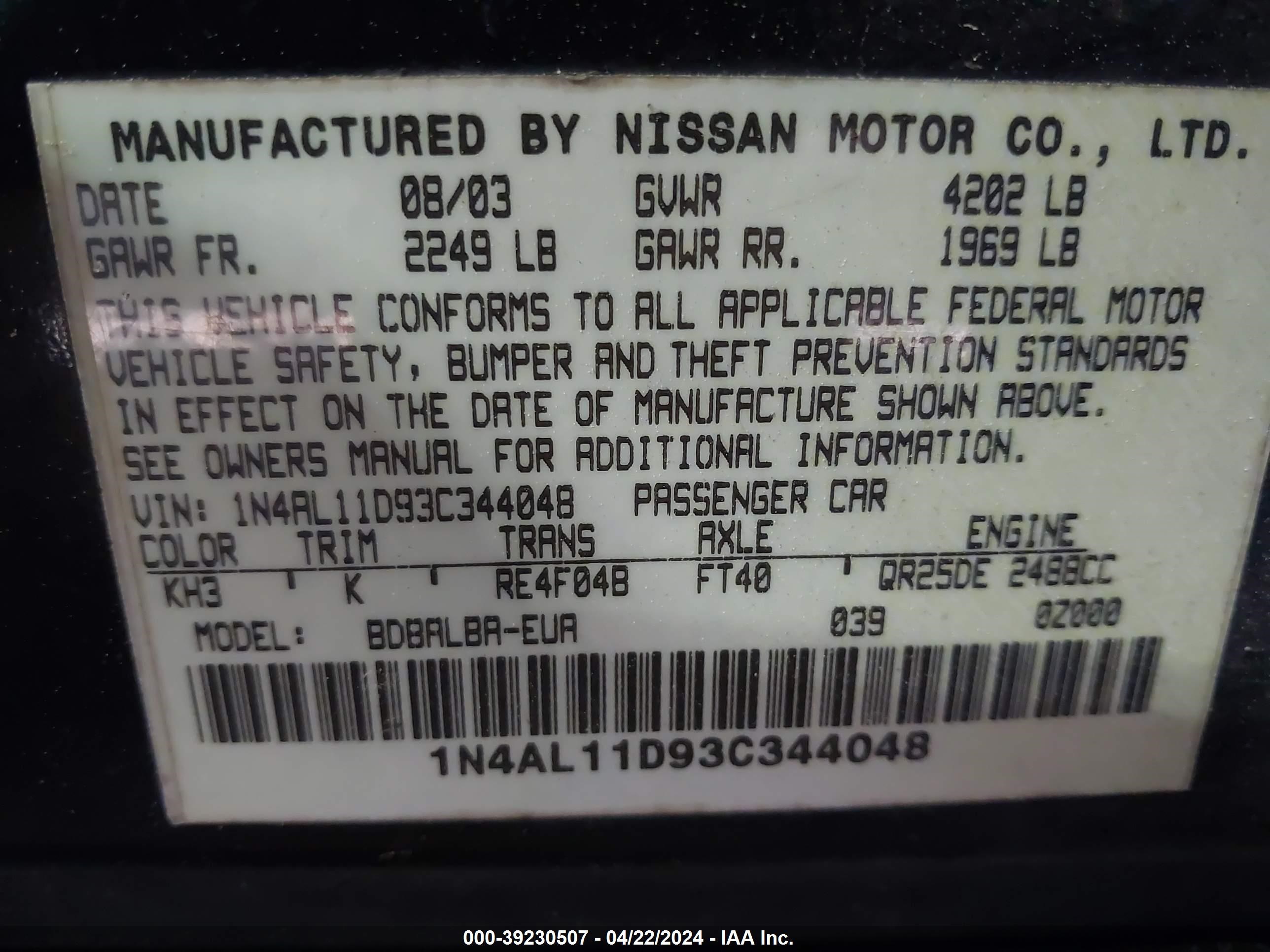 Photo 8 VIN: 1N4AL11D93C344048 - NISSAN ALTIMA 