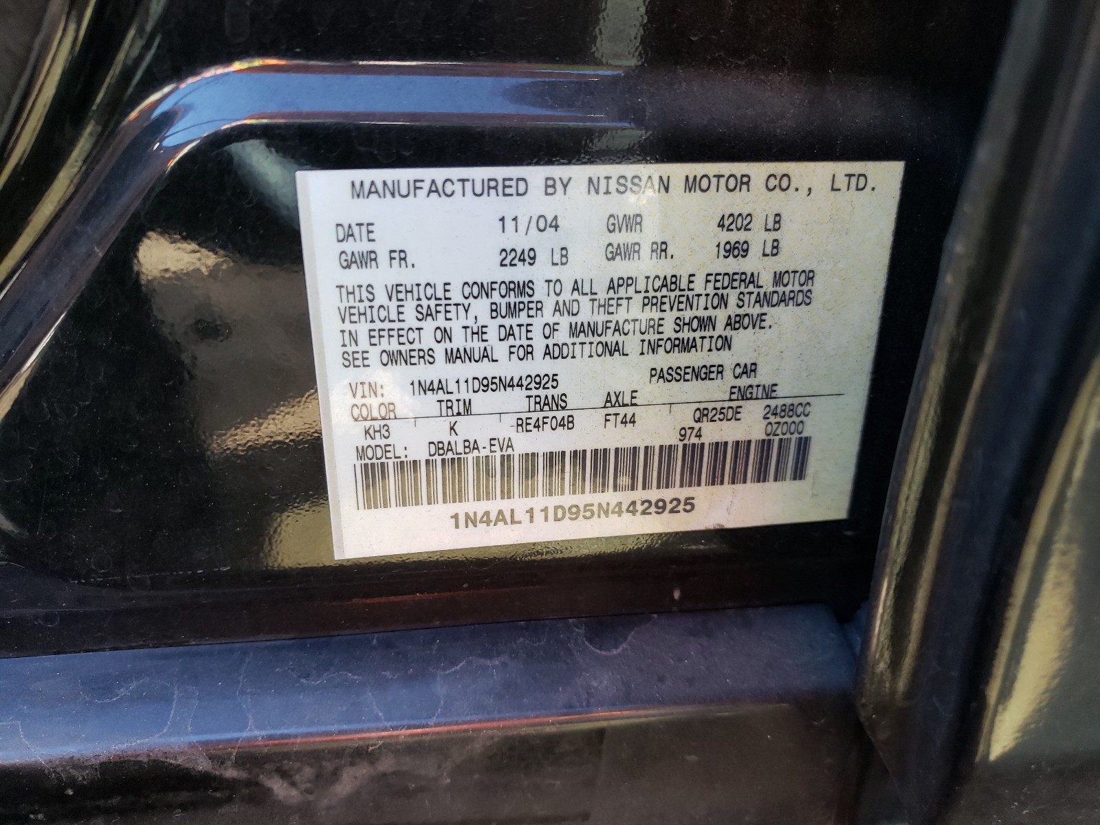 Photo 9 VIN: 1N4AL11D95N442925 - NISSAN ALTIMA S 