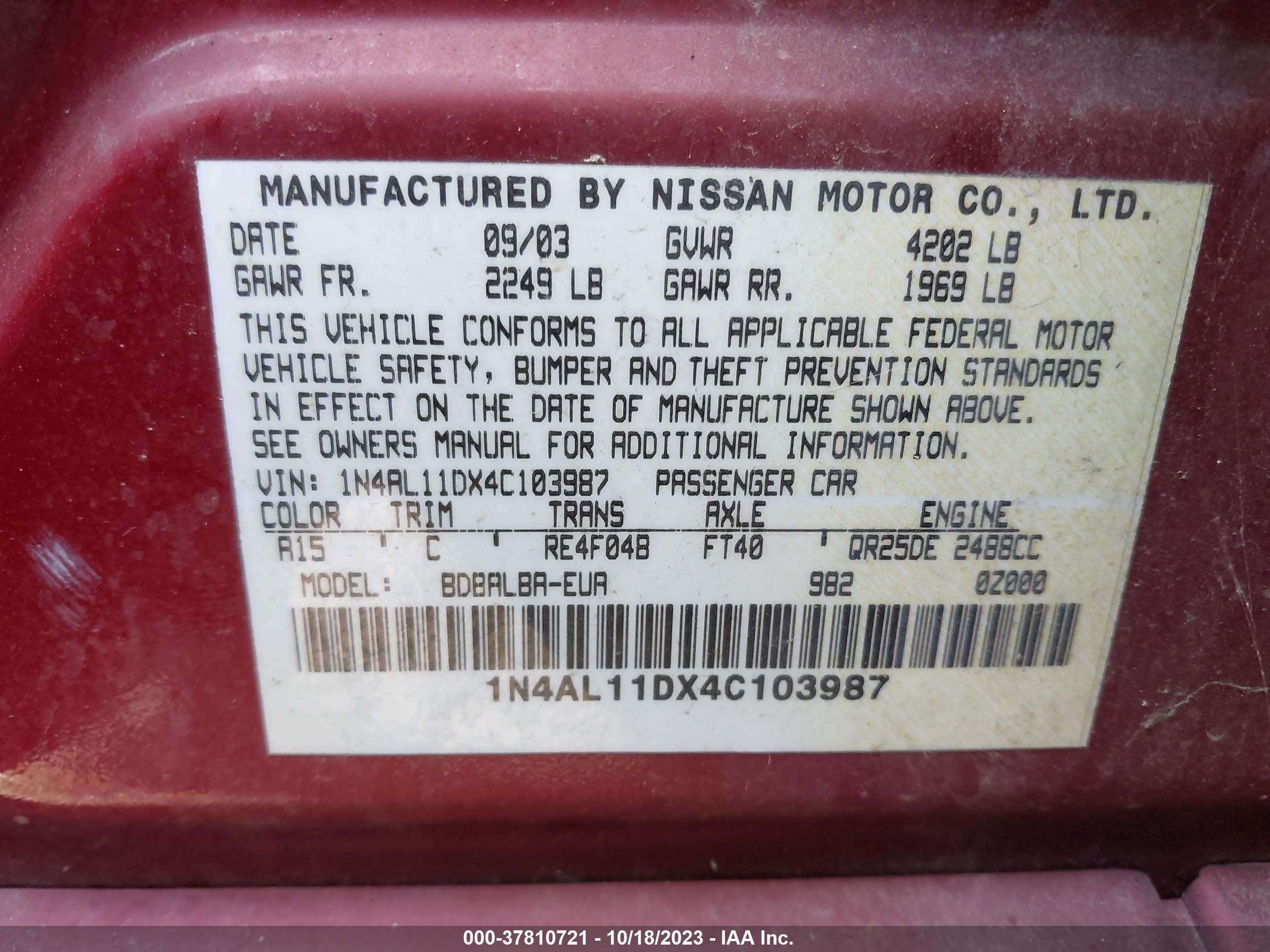 Photo 8 VIN: 1N4AL11DX4C103987 - NISSAN ALTIMA 