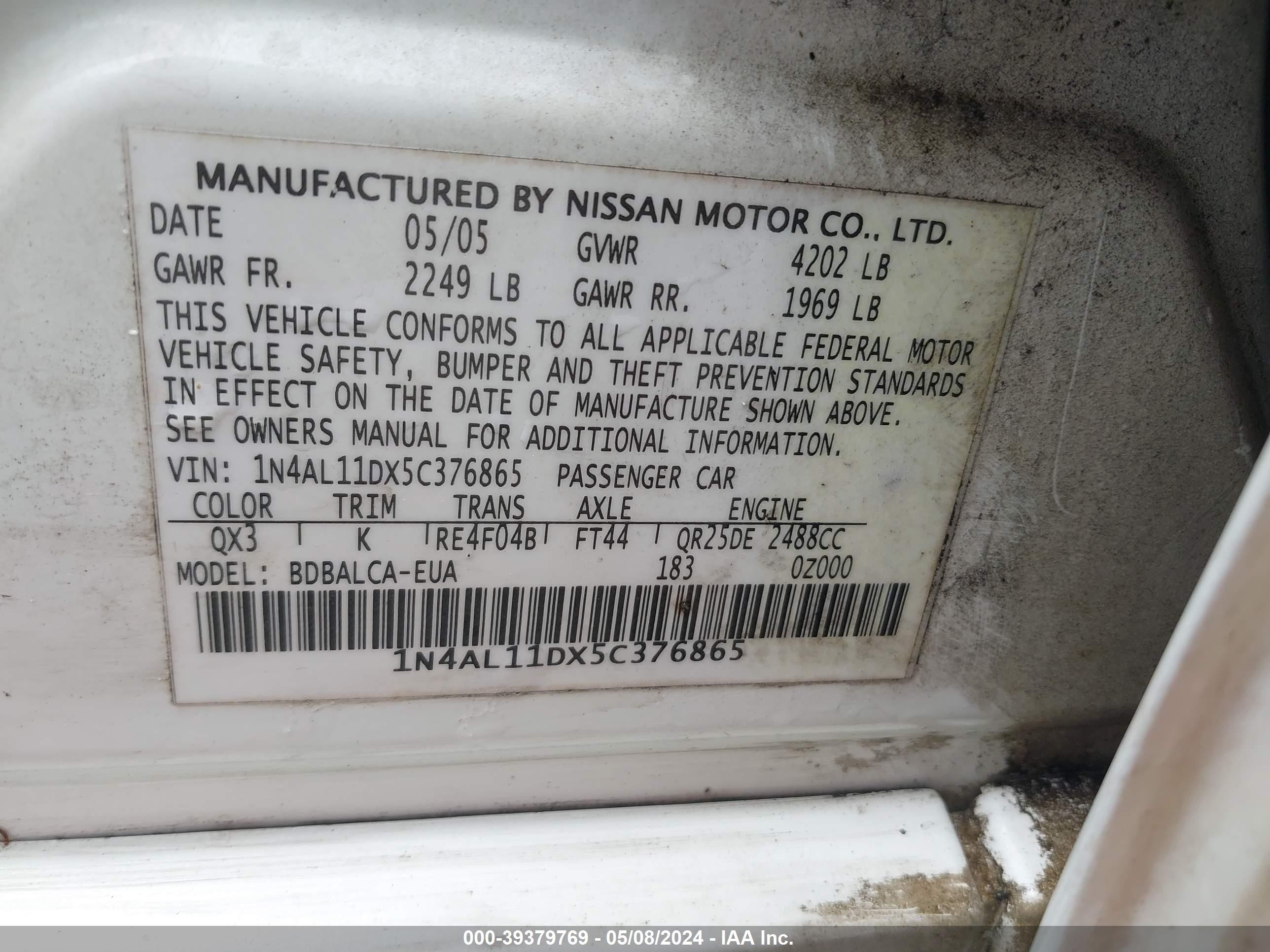 Photo 8 VIN: 1N4AL11DX5C376865 - NISSAN ALTIMA 