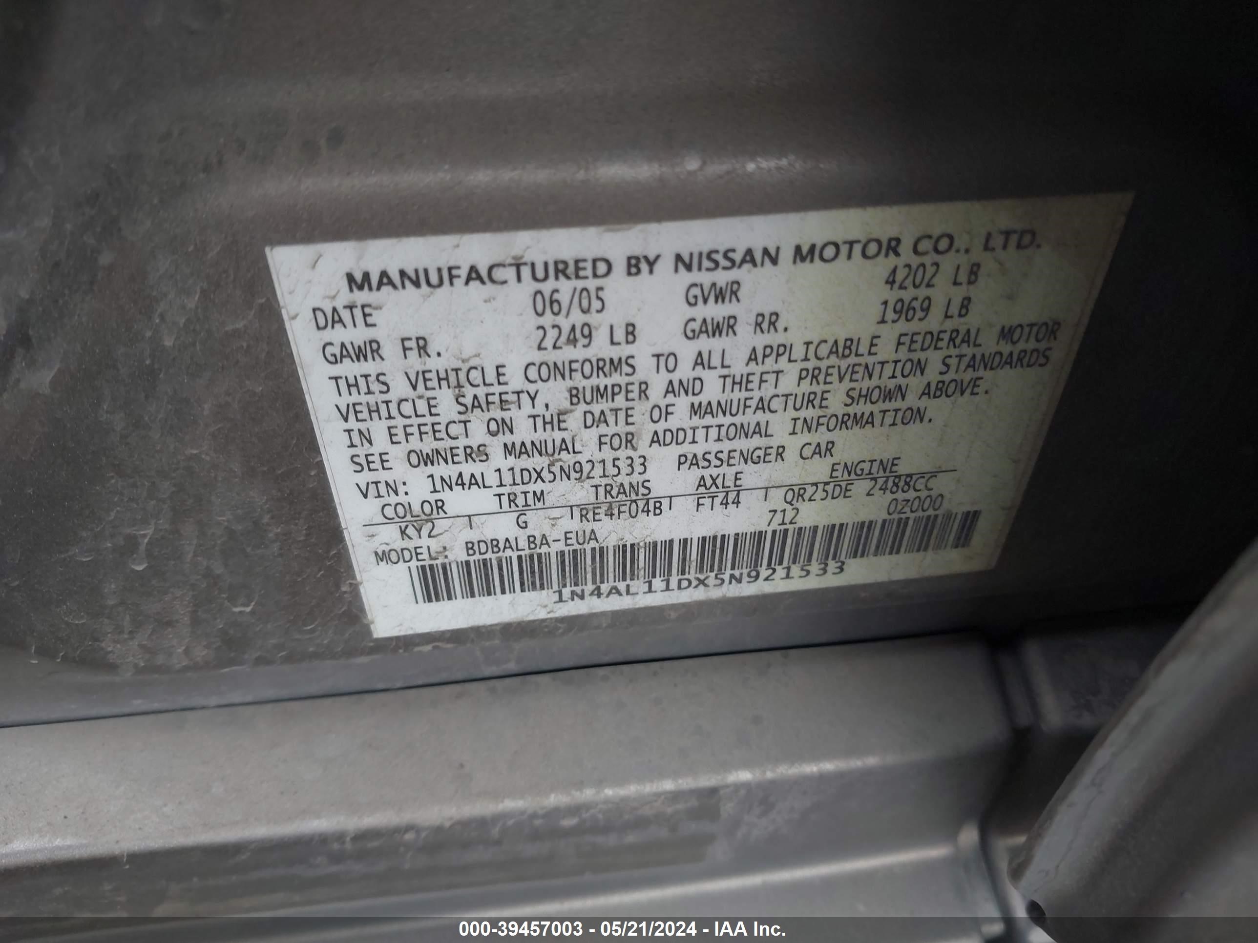 Photo 8 VIN: 1N4AL11DX5N921533 - NISSAN ALTIMA 