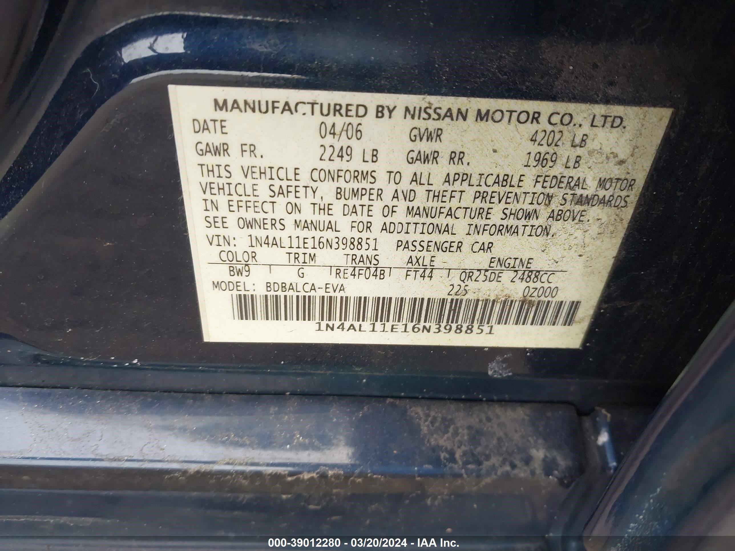 Photo 8 VIN: 1N4AL11E16N398851 - NISSAN ALTIMA 