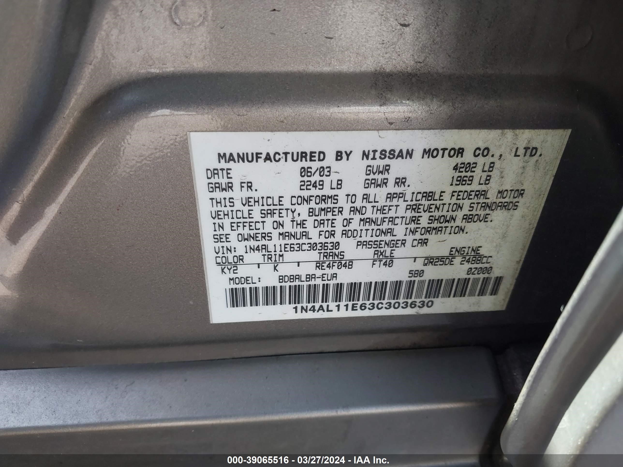 Photo 8 VIN: 1N4AL11E63C303630 - NISSAN ALTIMA 