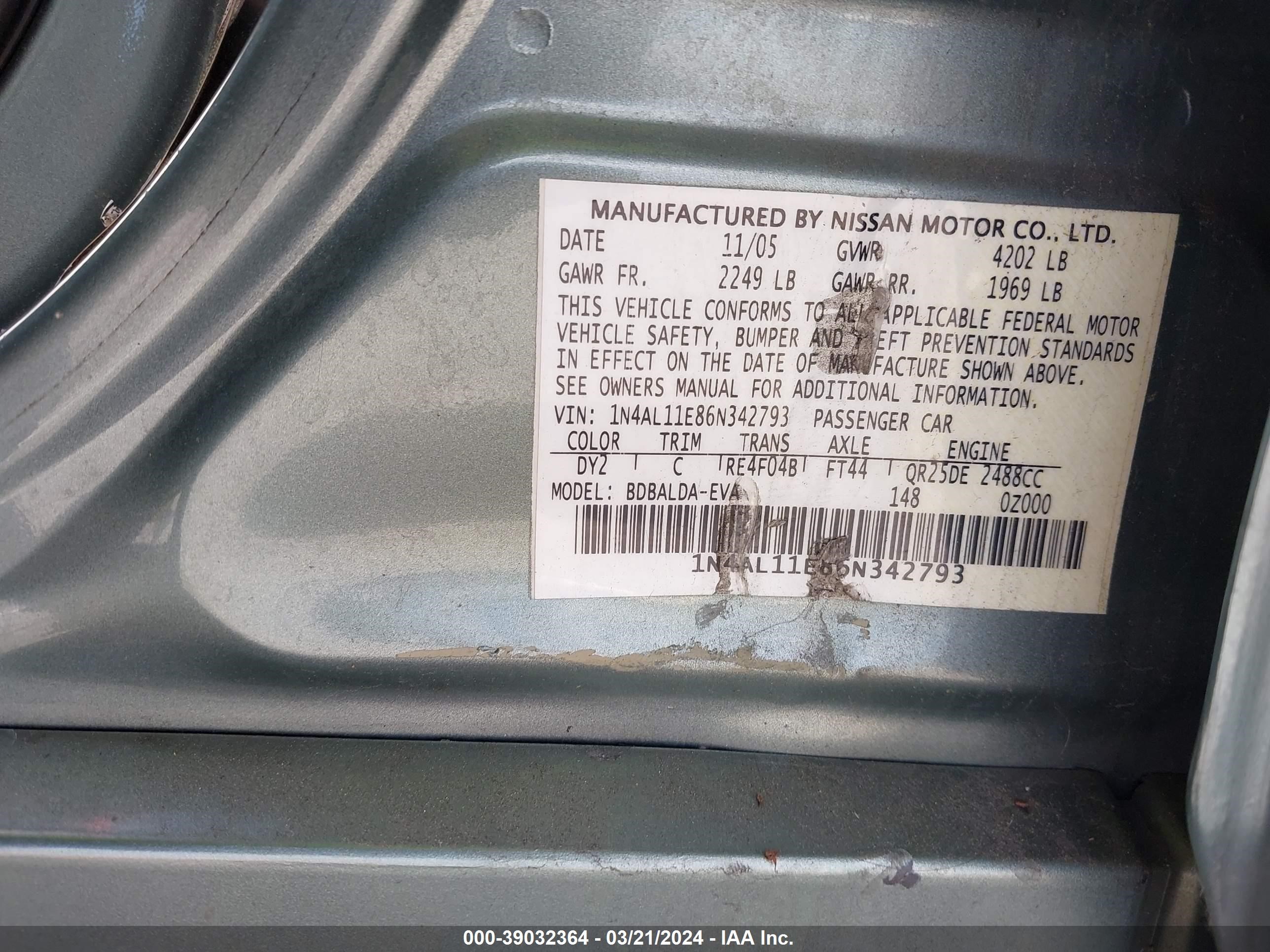 Photo 8 VIN: 1N4AL11E86N342793 - NISSAN ALTIMA 