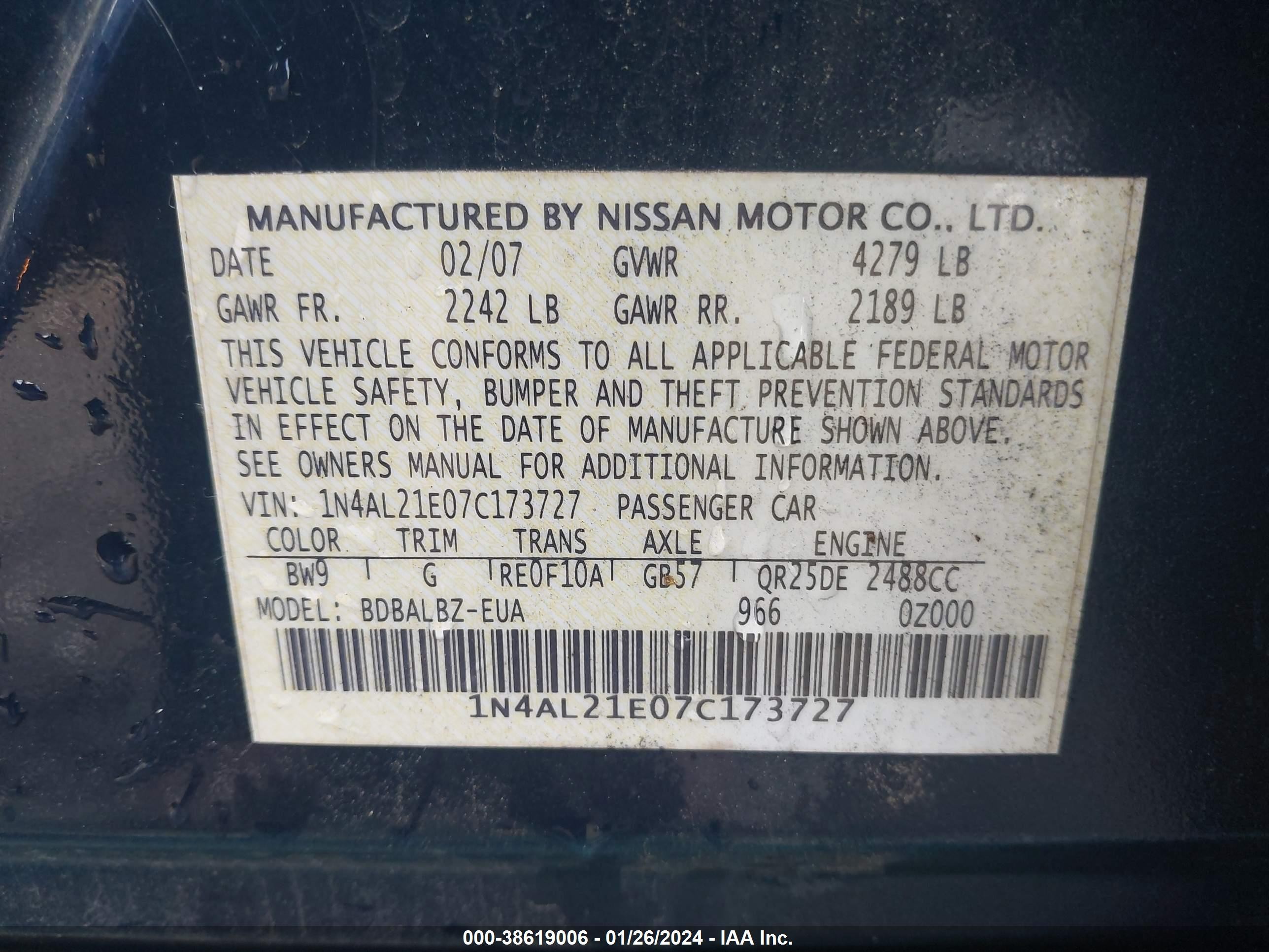 Photo 8 VIN: 1N4AL21E07C173727 - NISSAN ALTIMA 