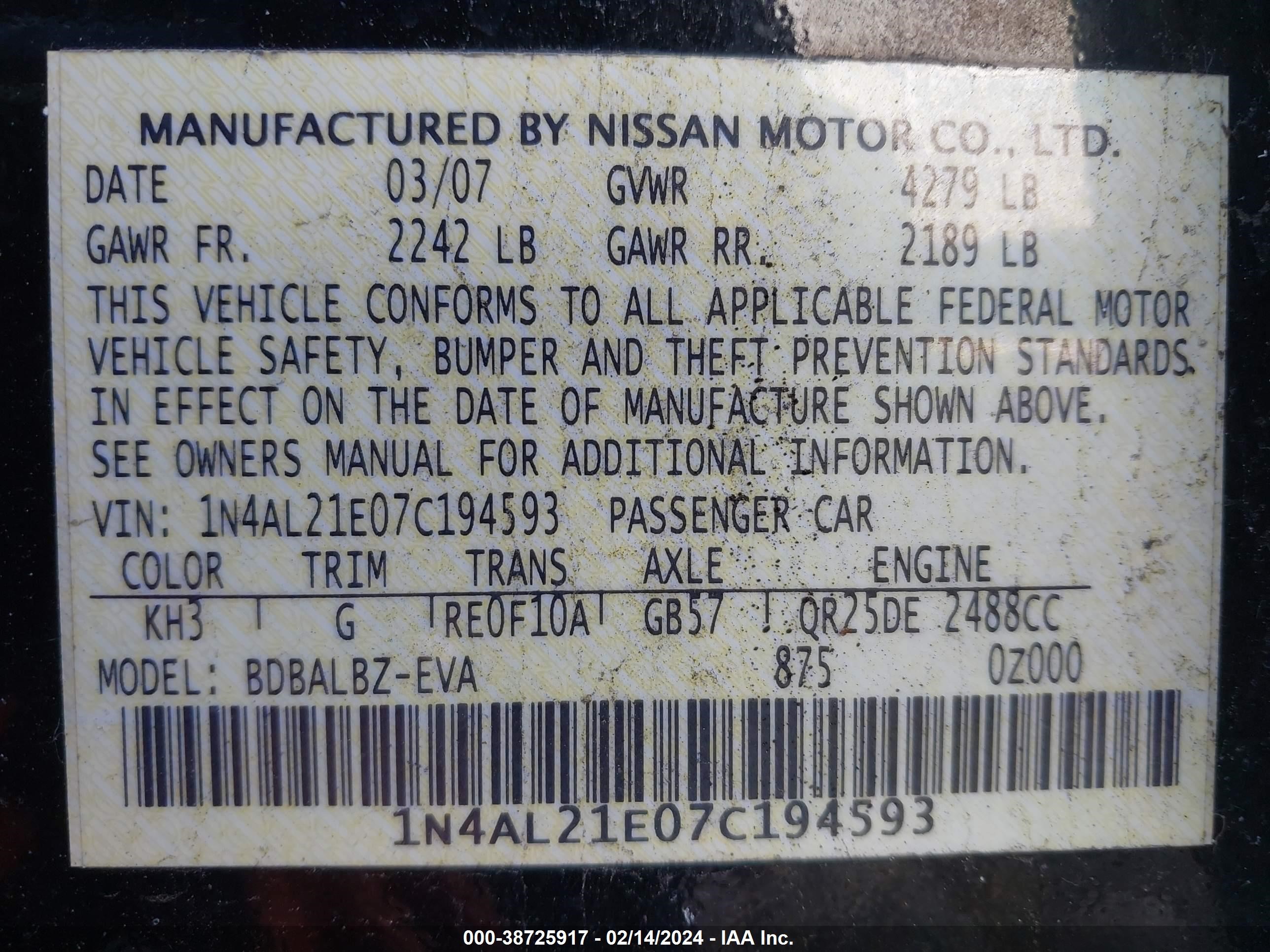 Photo 8 VIN: 1N4AL21E07C194593 - NISSAN ALTIMA 