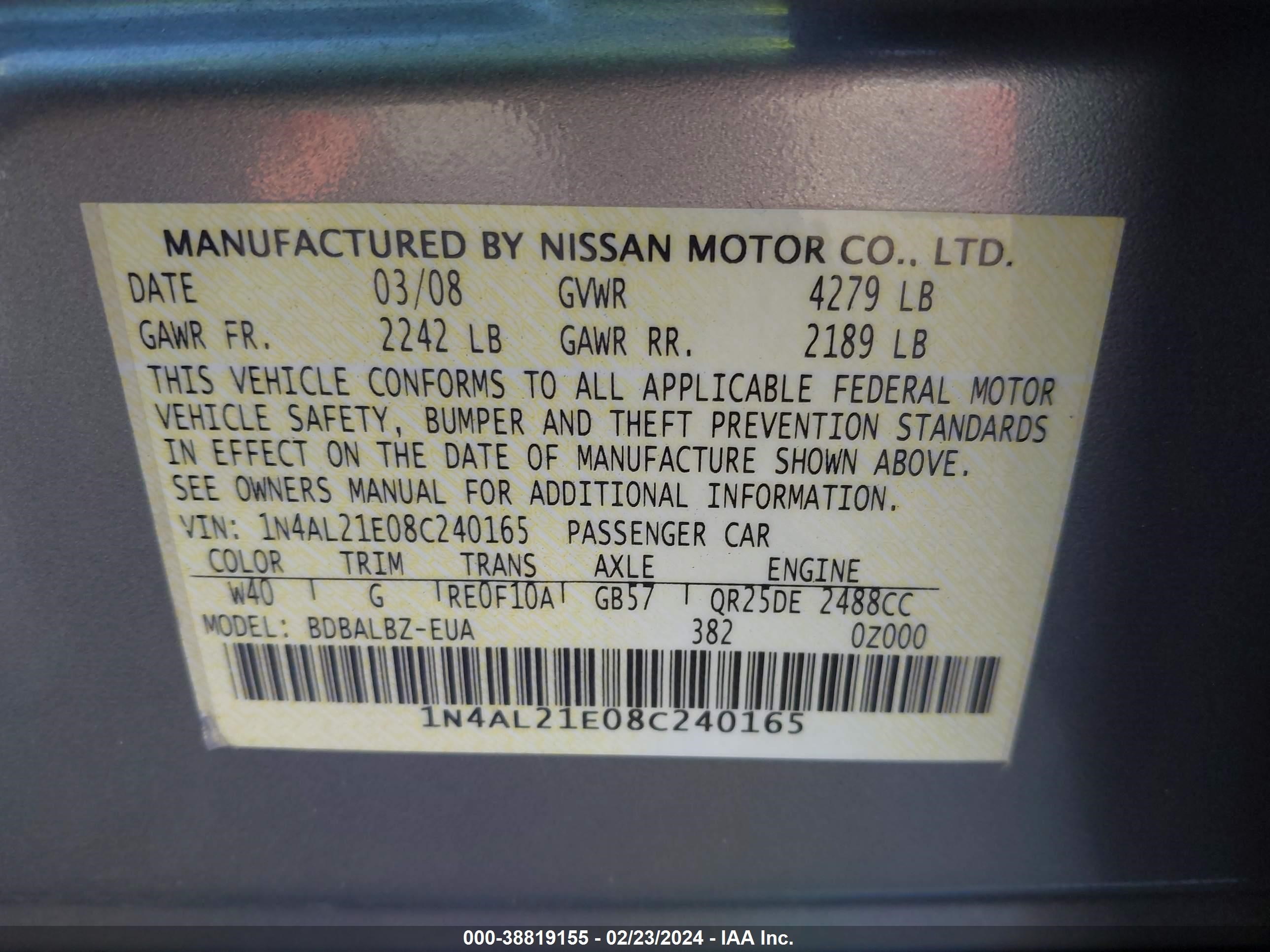 Photo 8 VIN: 1N4AL21E08C240165 - NISSAN ALTIMA 