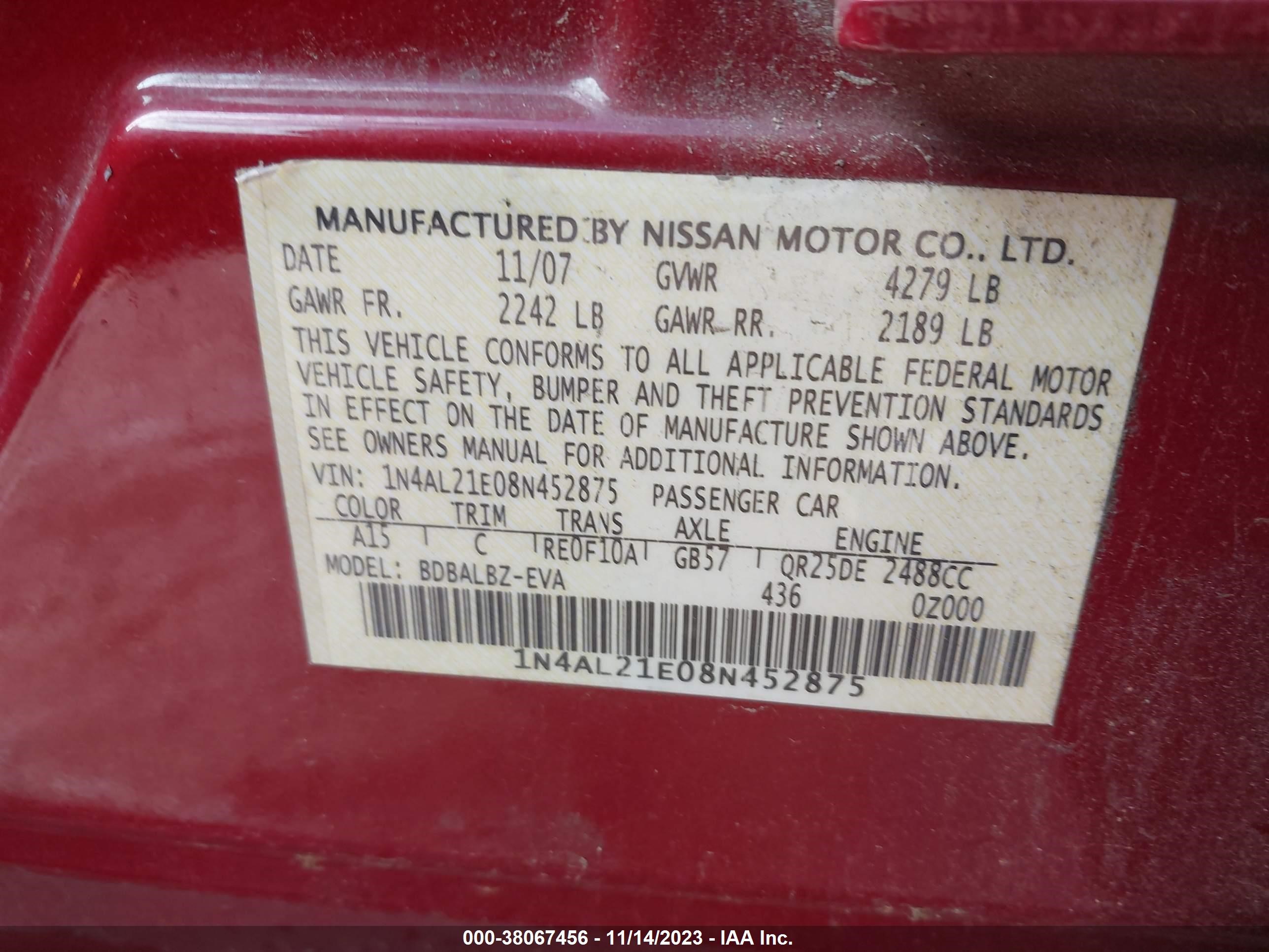 Photo 8 VIN: 1N4AL21E08N452875 - NISSAN ALTIMA 