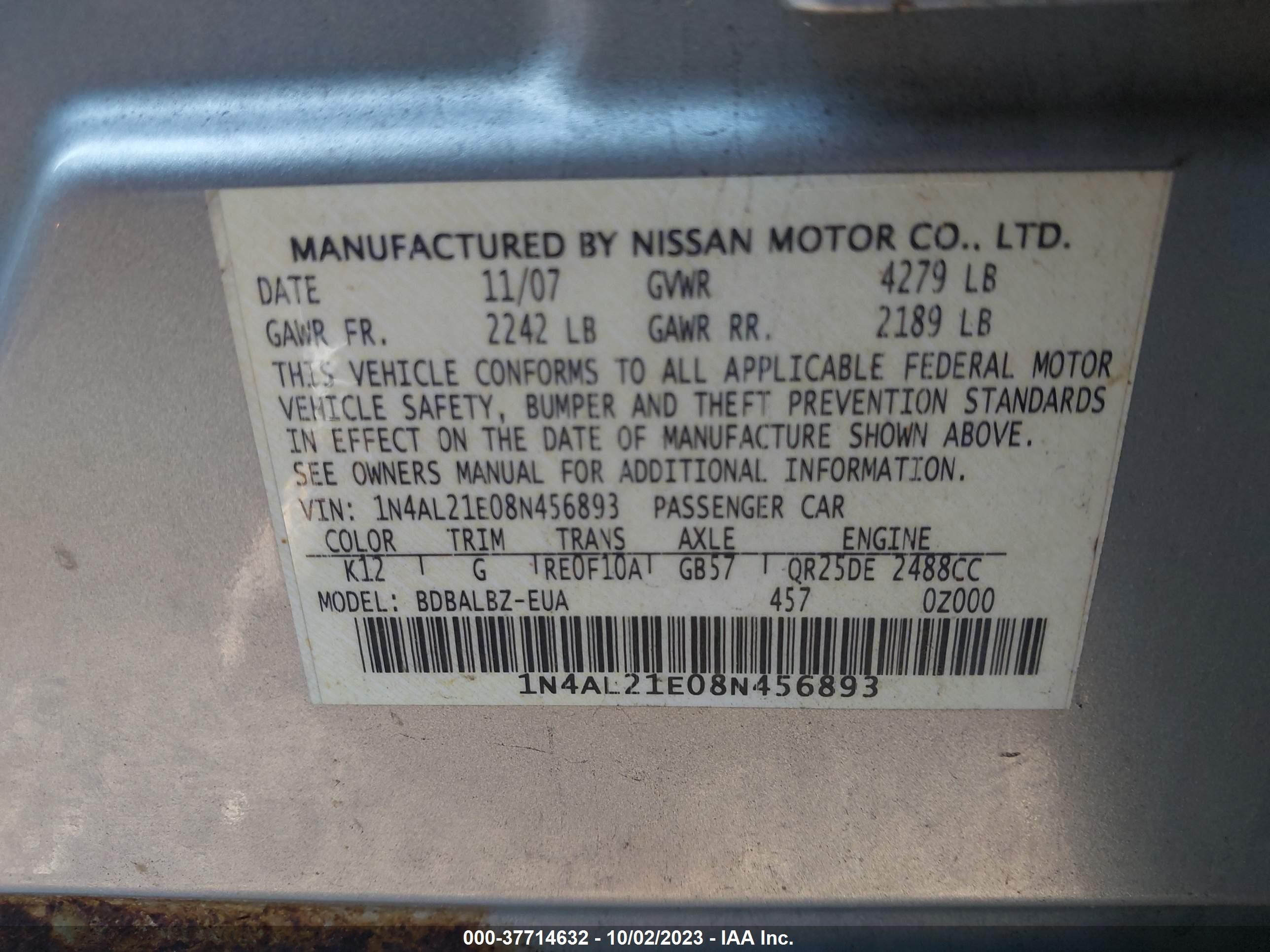 Photo 8 VIN: 1N4AL21E08N456893 - NISSAN ALTIMA 