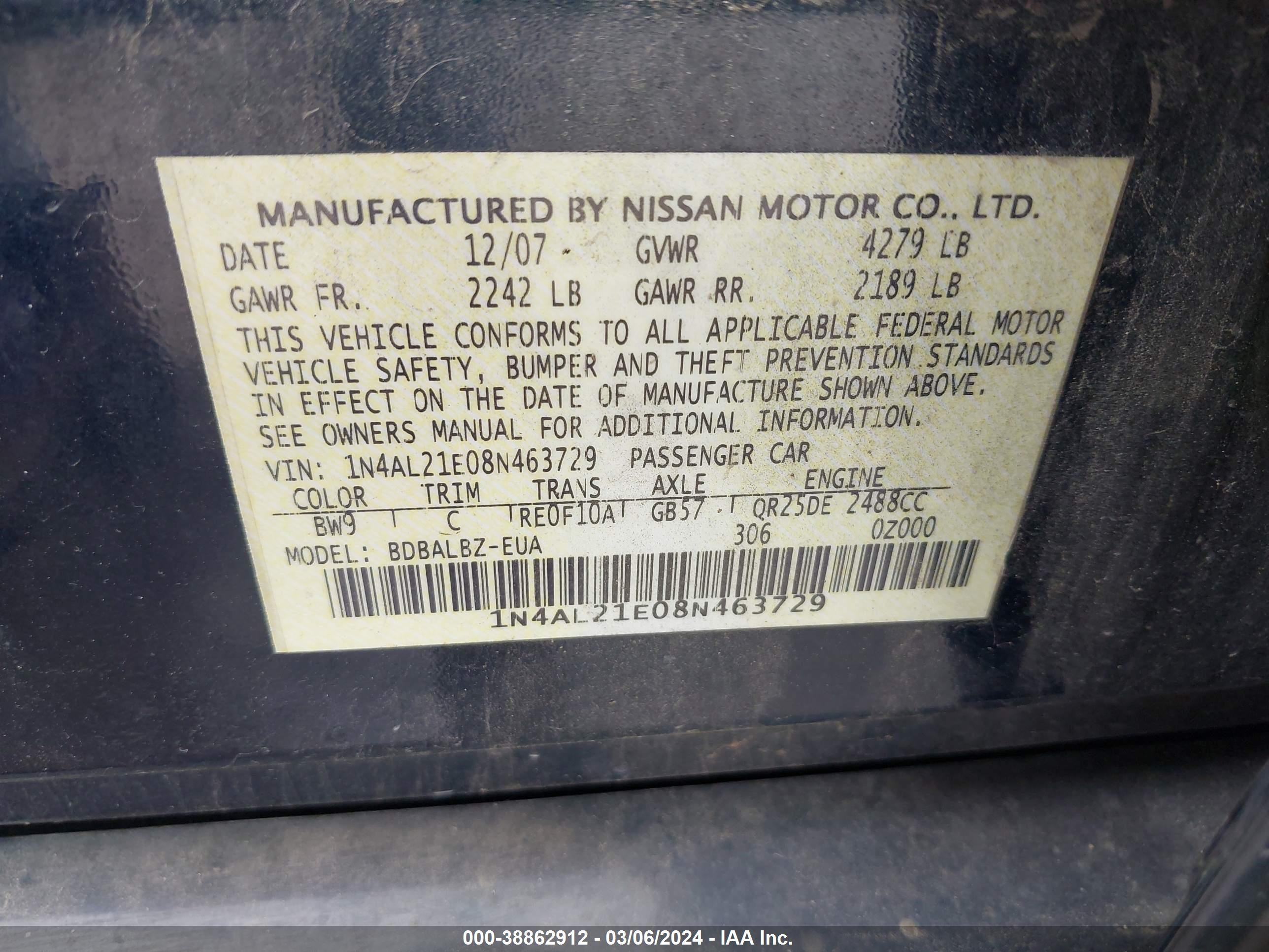 Photo 8 VIN: 1N4AL21E08N463729 - NISSAN ALTIMA 