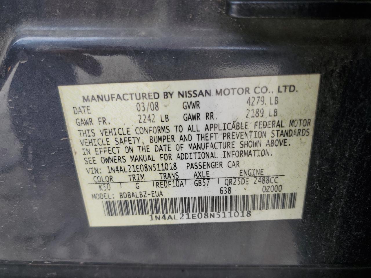 Photo 11 VIN: 1N4AL21E08N511018 - NISSAN ALTIMA 