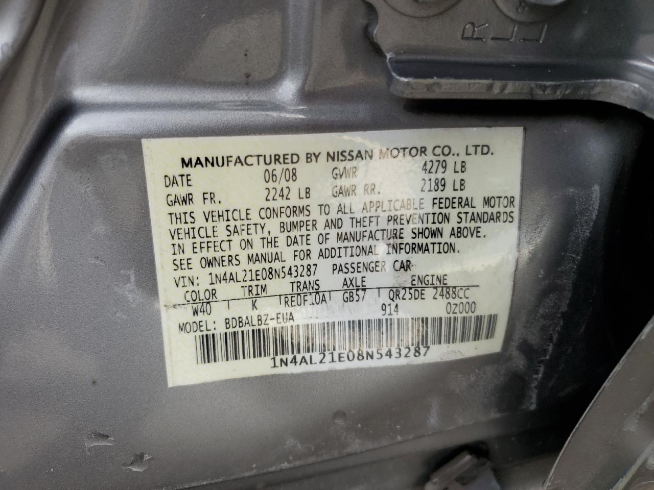 Photo 12 VIN: 1N4AL21E08N543287 - NISSAN ALTIMA 