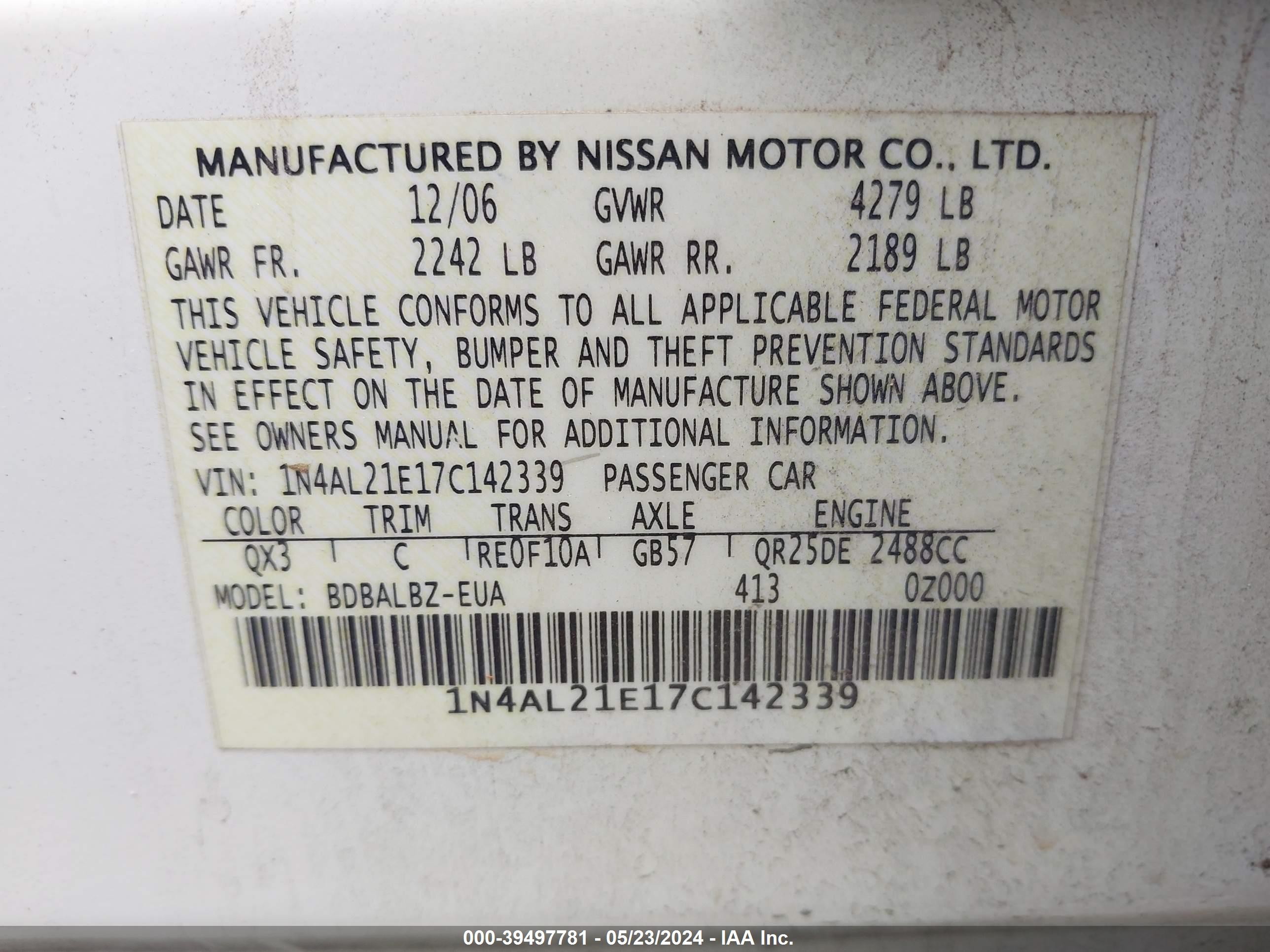 Photo 8 VIN: 1N4AL21E17C142339 - NISSAN ALTIMA 