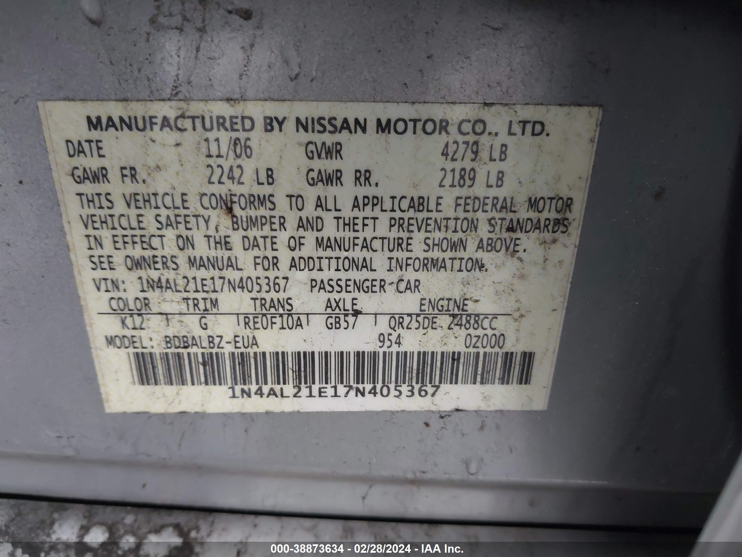 Photo 8 VIN: 1N4AL21E17N405367 - NISSAN ALTIMA 