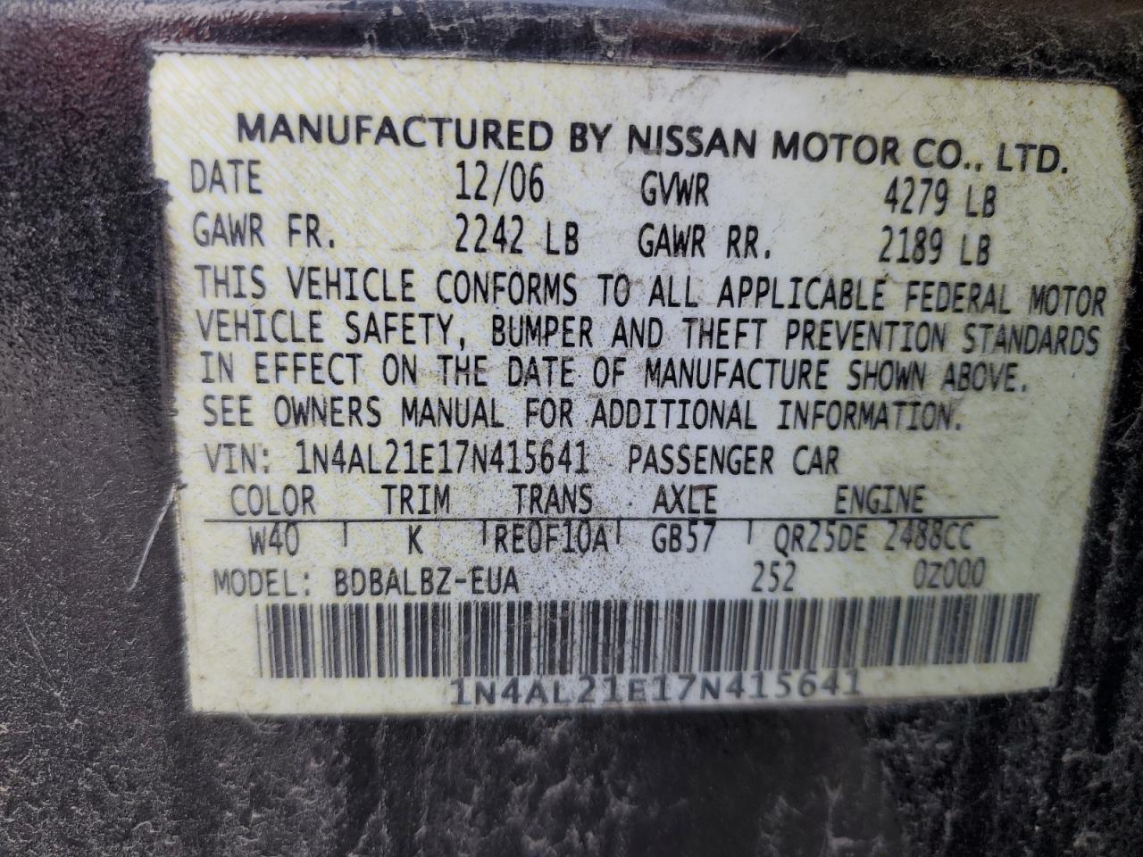 Photo 11 VIN: 1N4AL21E17N415641 - NISSAN ALTIMA 