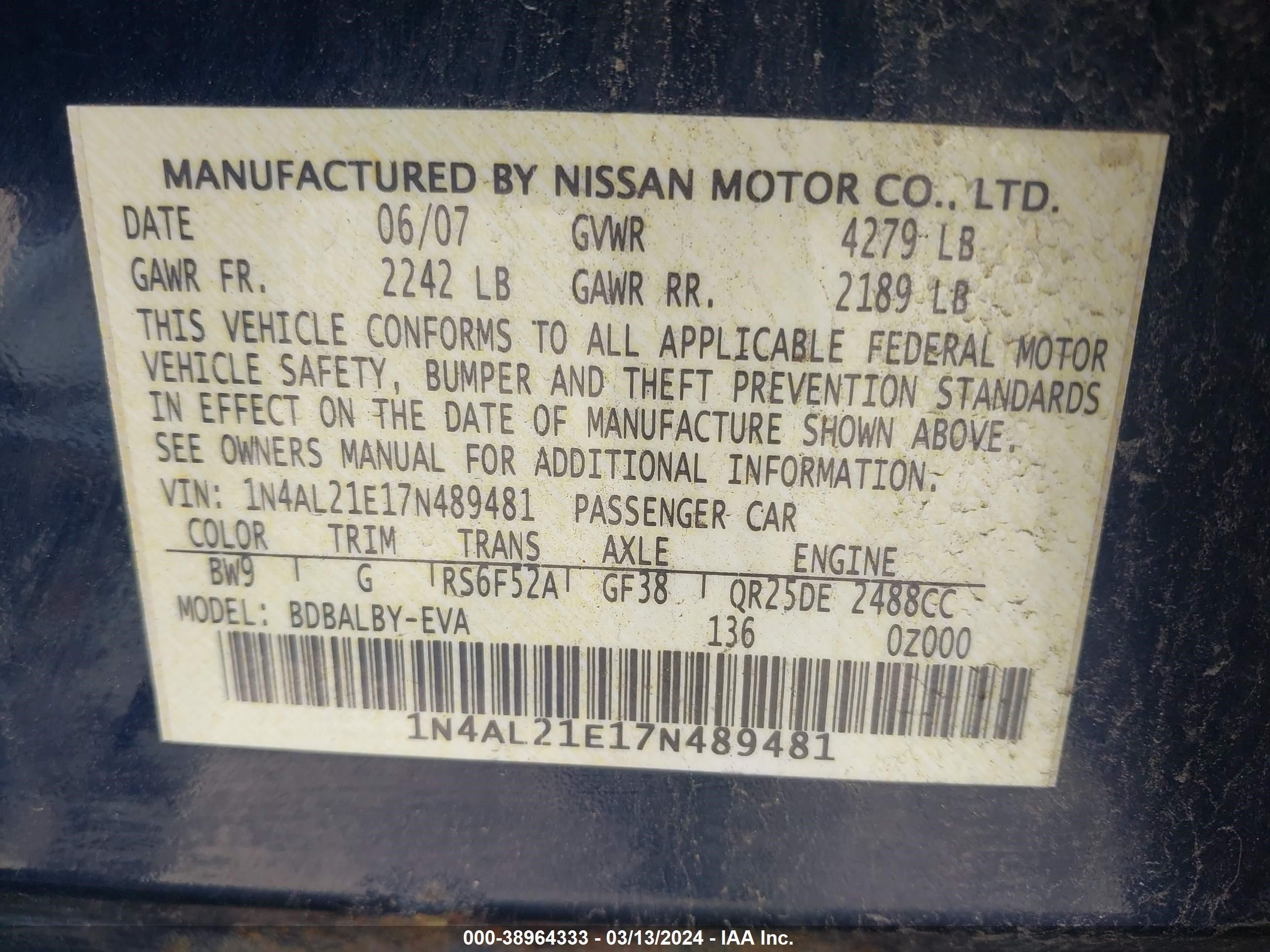 Photo 8 VIN: 1N4AL21E17N489481 - NISSAN ALTIMA 