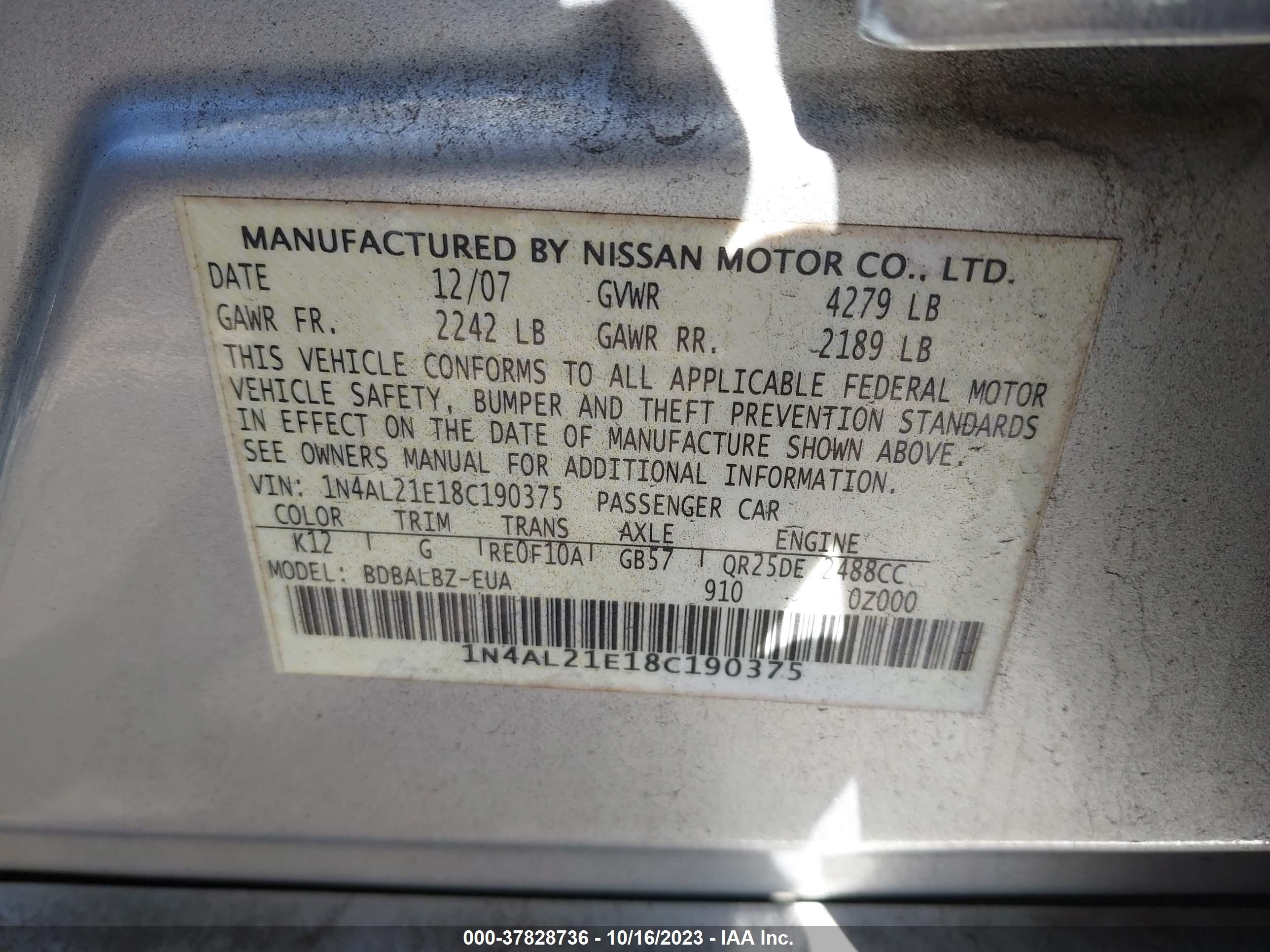 Photo 8 VIN: 1N4AL21E18C190375 - NISSAN ALTIMA 